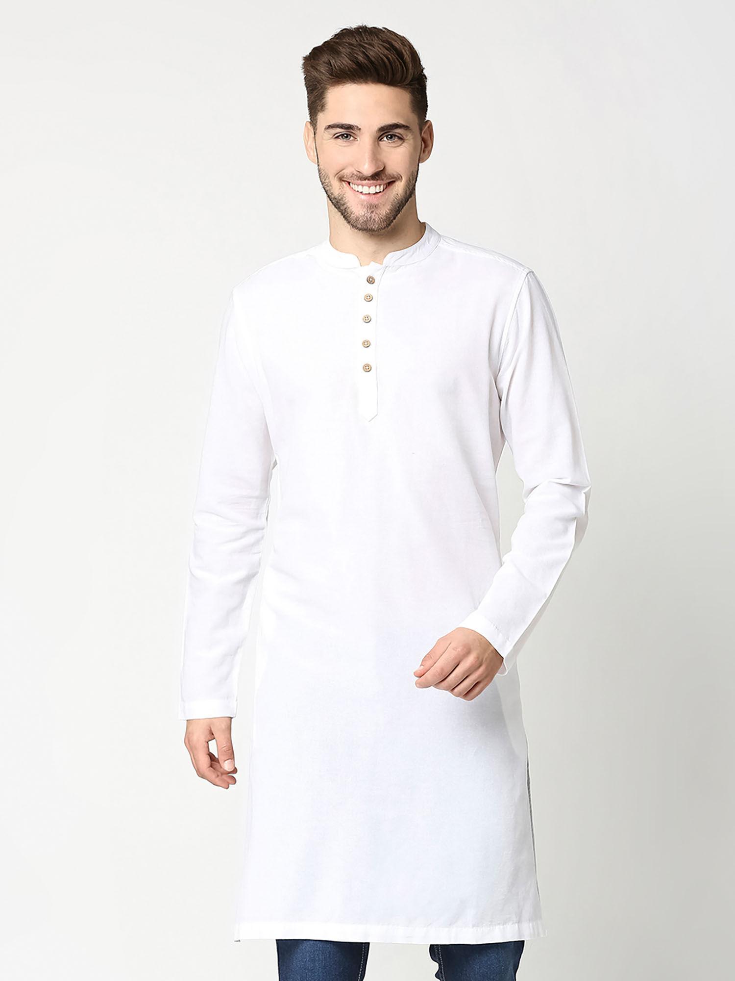 men's solid white long kurta