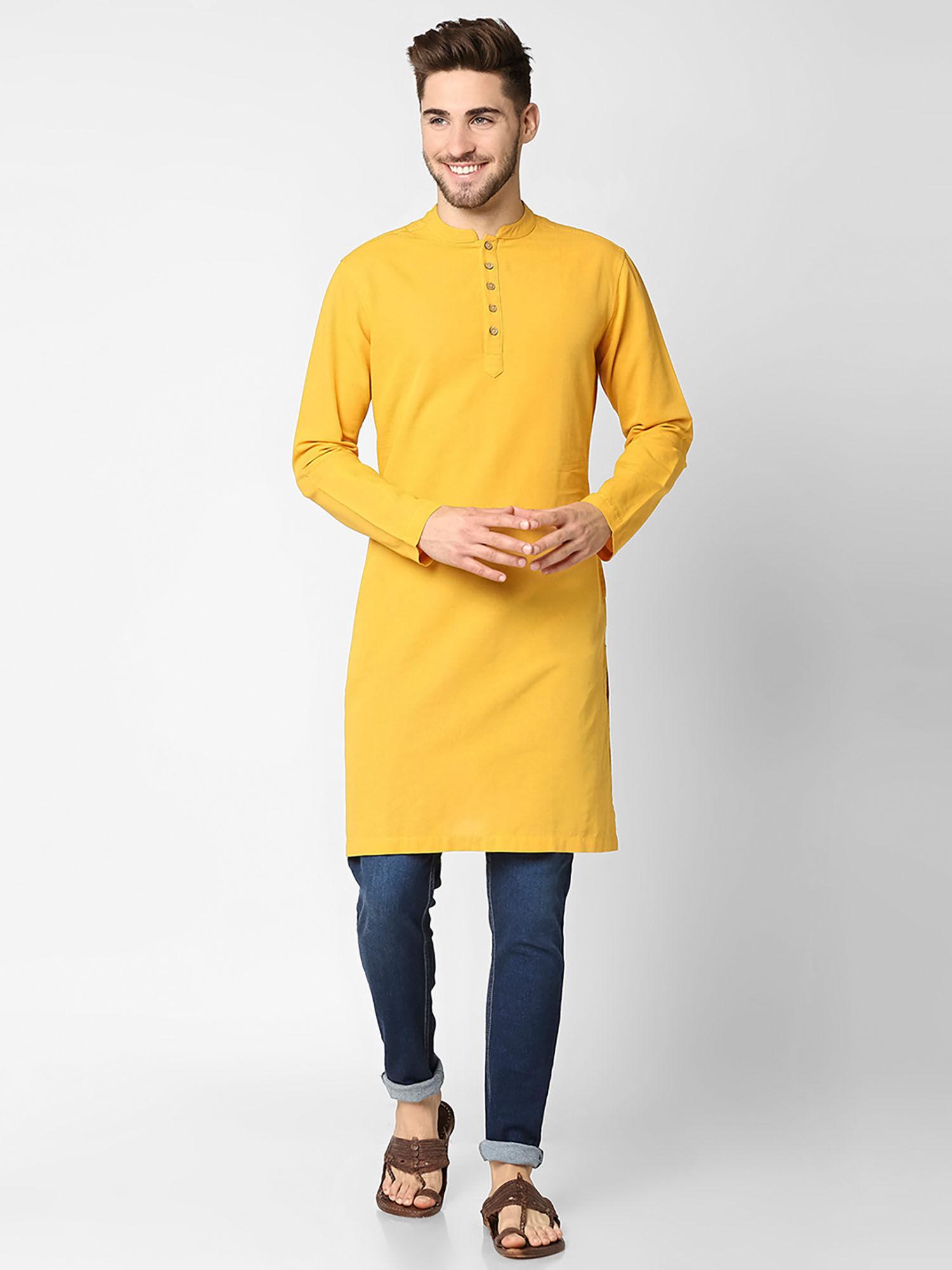 men's solid yellow long kurta