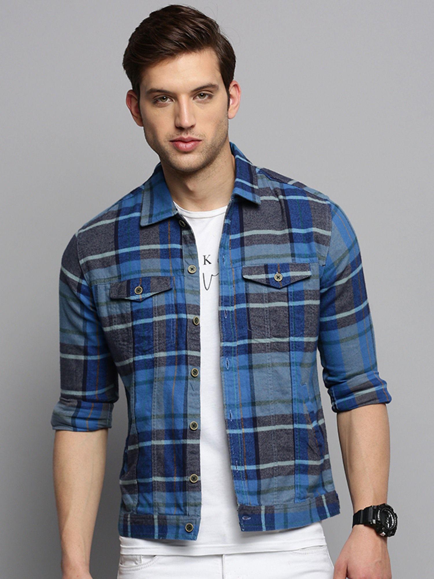 men's spread collar checked blue open front jacket