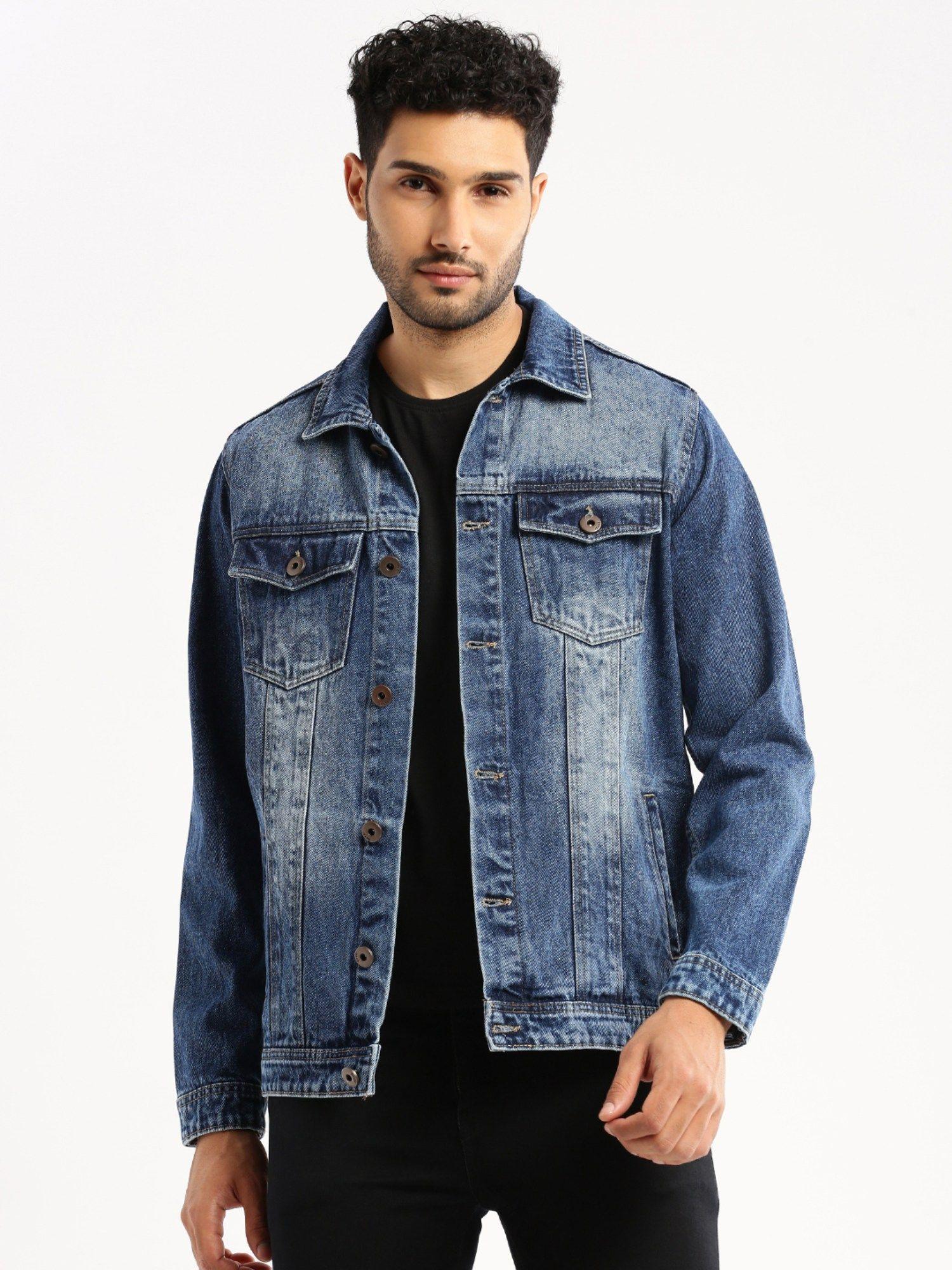 men's spread collar long sleeves blue solid denim jacket