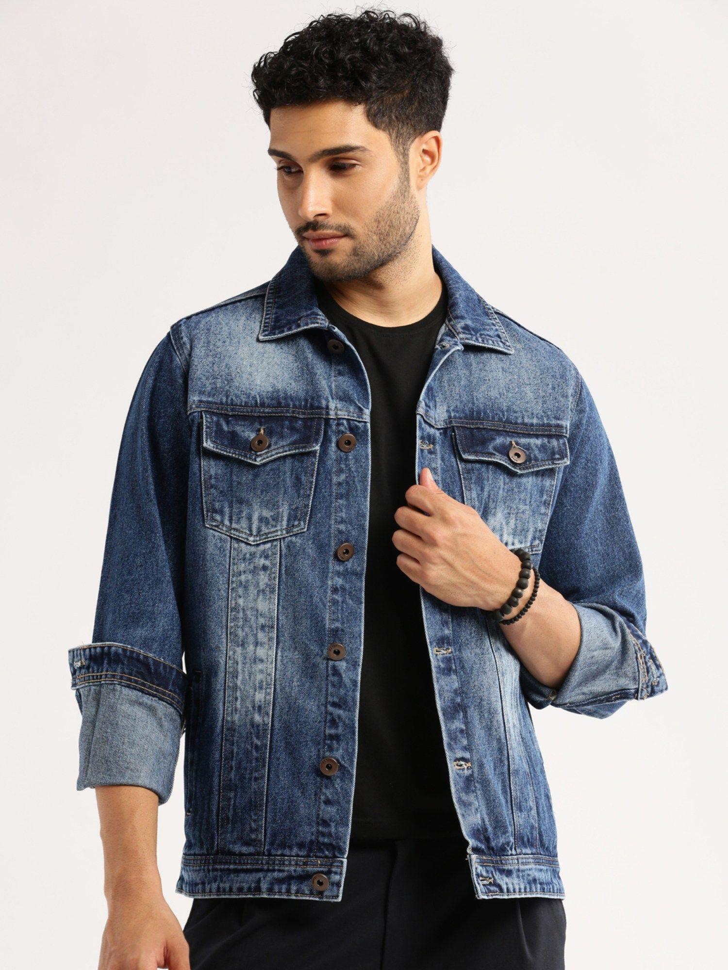 men's spread collar long sleeves blue solid denim jacket