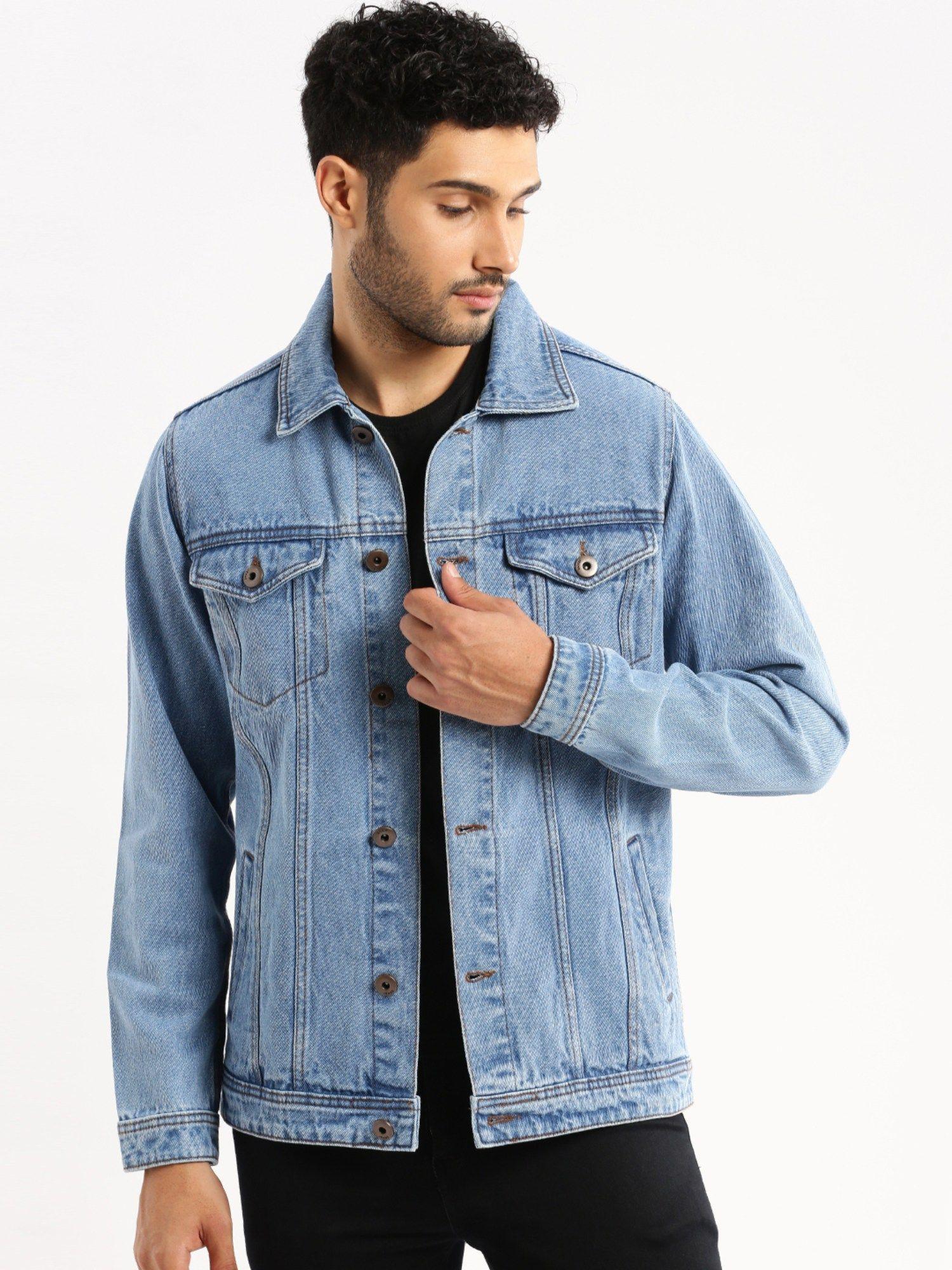 men's spread collar long sleeves blue solid denim jacket