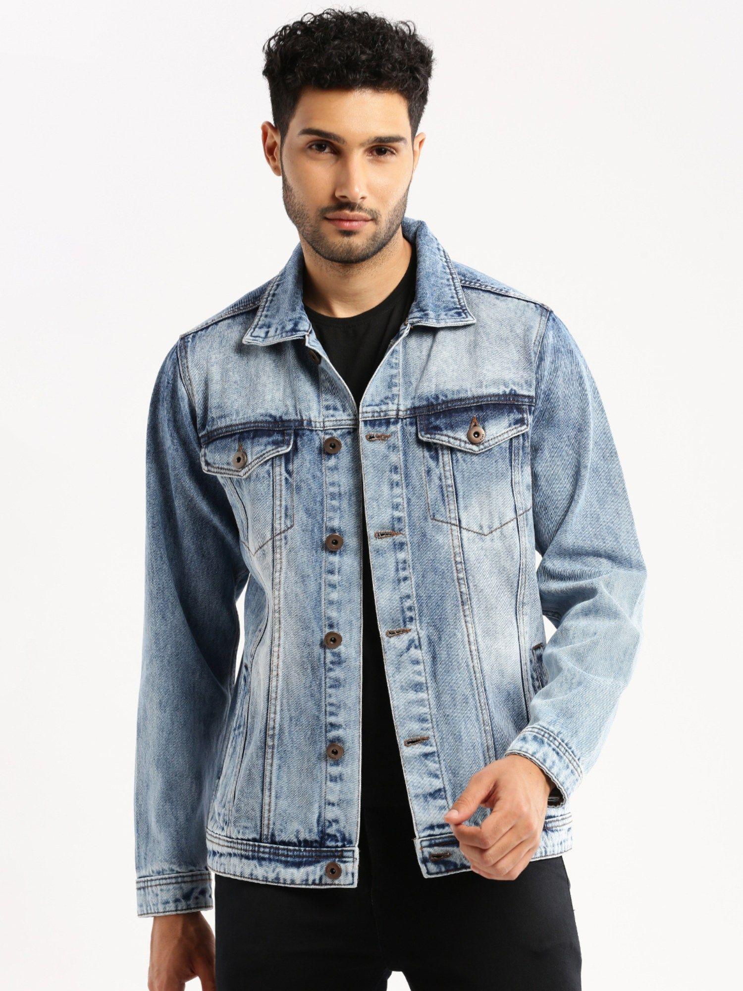 men's spread collar long sleeves blue solid denim jacket