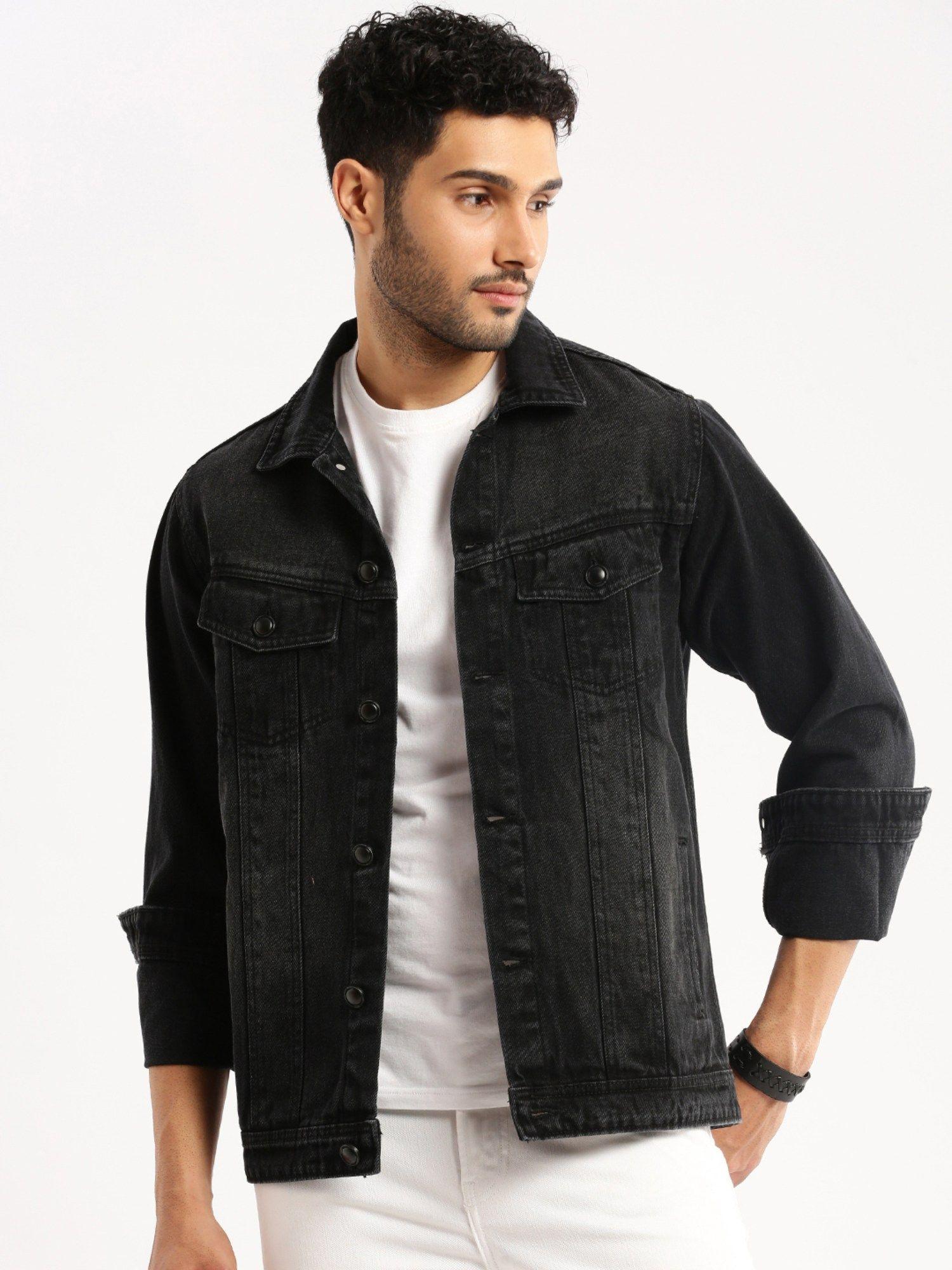 men's spread collar long sleeves charcoal solid denim jacket