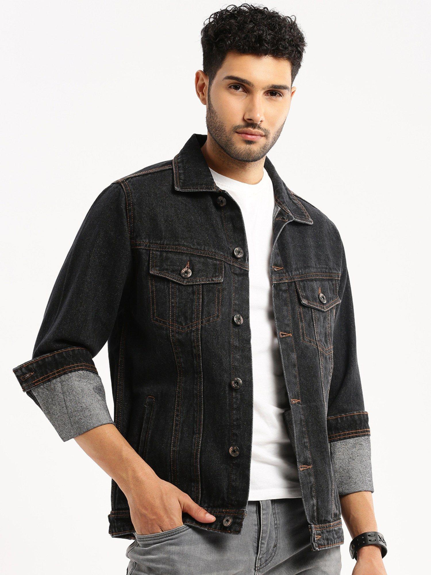 men's spread collar long sleeves charcoal solid denim jacket