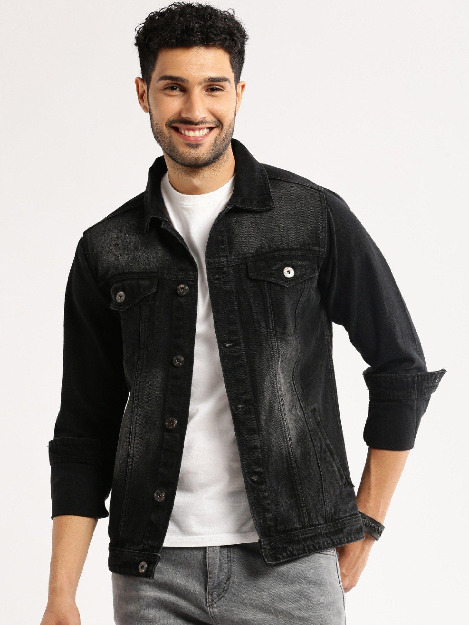 men's spread collar long sleeves charcoal solid denim jacket