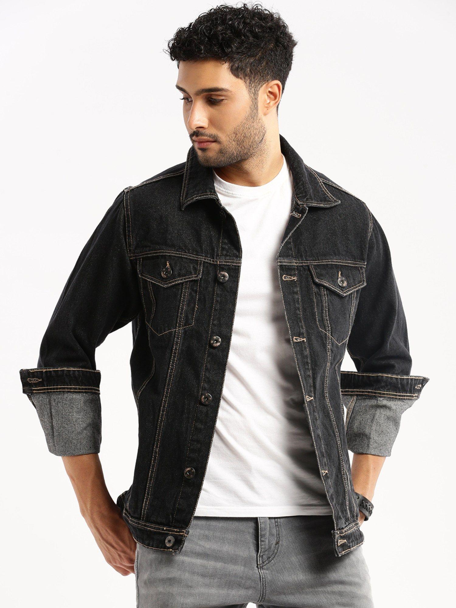 men's spread collar long sleeves charcoal solid denim jacket