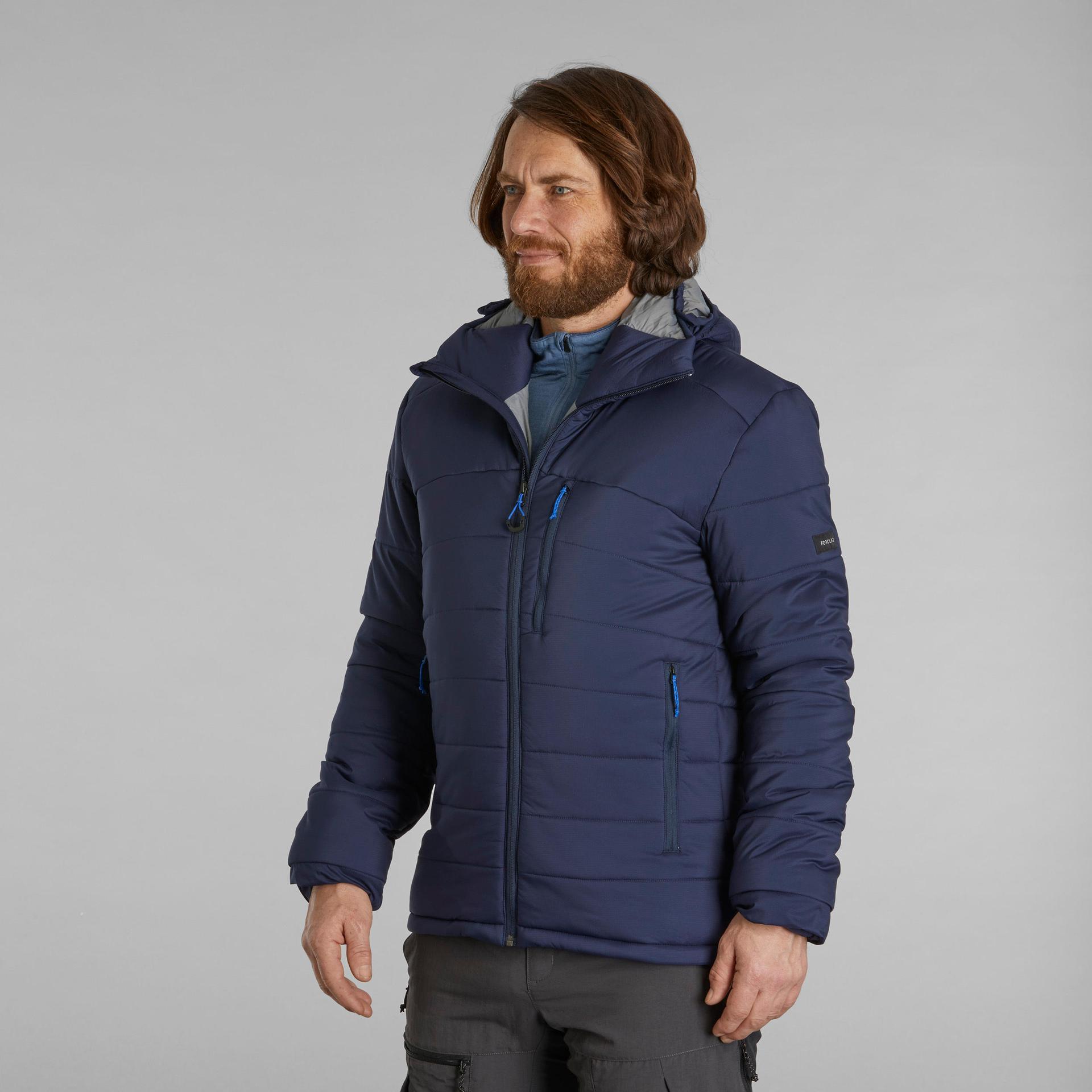 men's synthetic mountain trekking padded jacket - trek 500 with hood -10°c navy