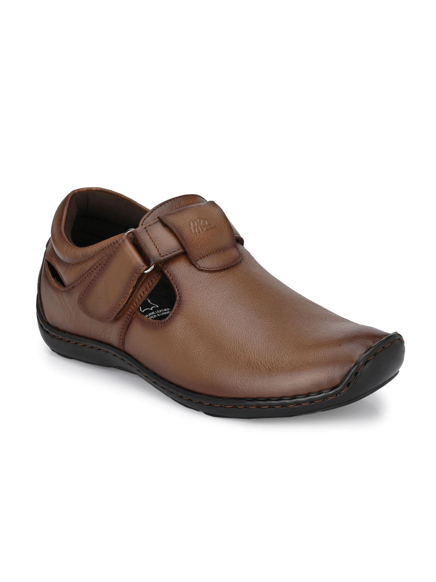 men's tan leather casual daily wear velcro sandals