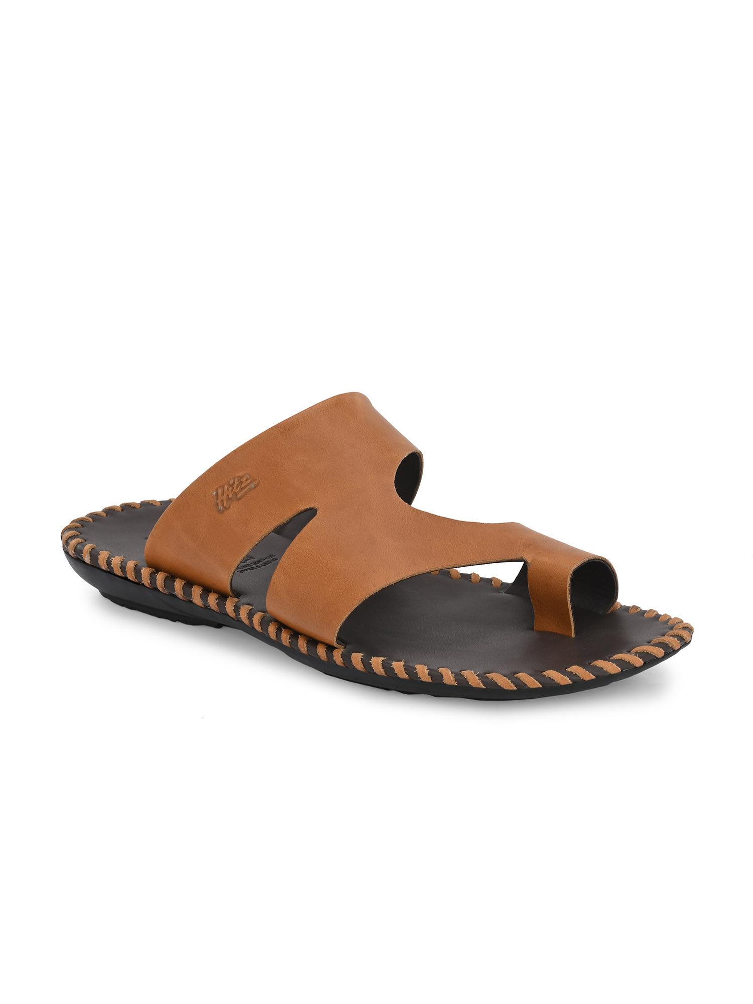 men's tan leather casual toe-ring slippers