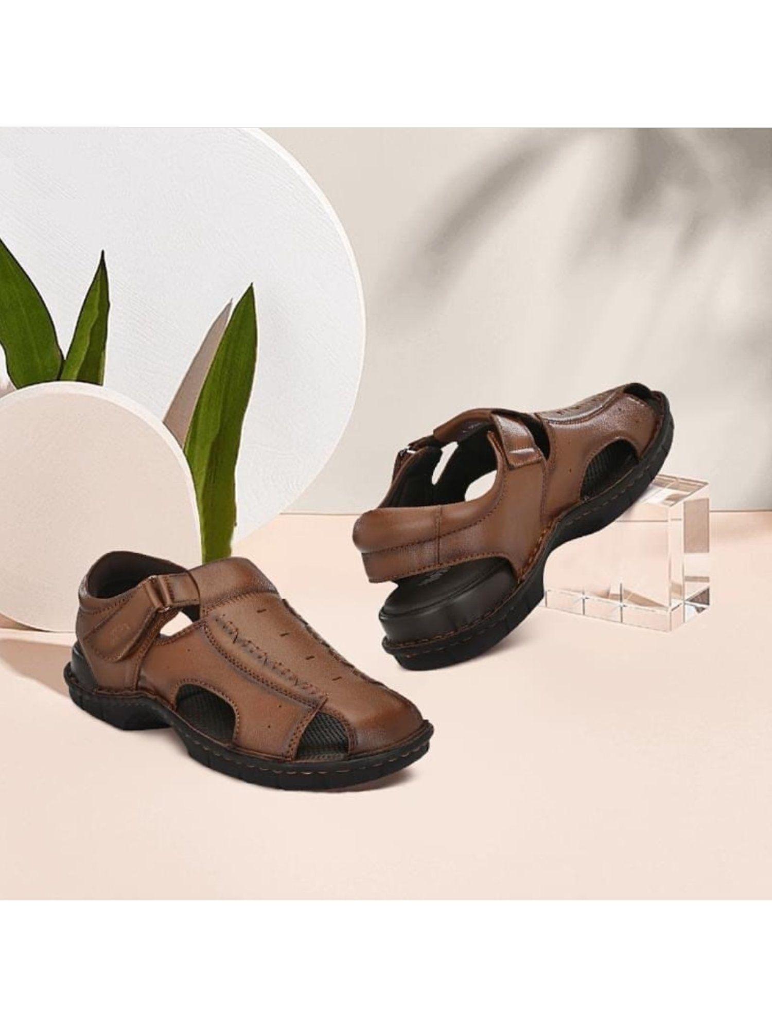 men's tan leather comfort sandals with velcro closure