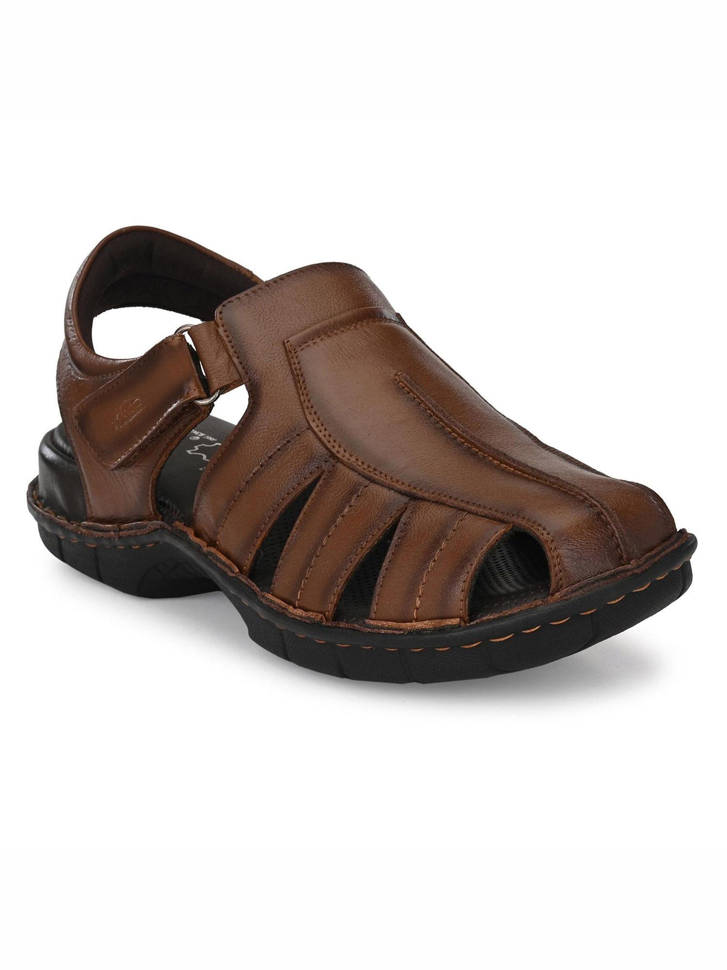 men's tan leather comfort sandals with velcro closure