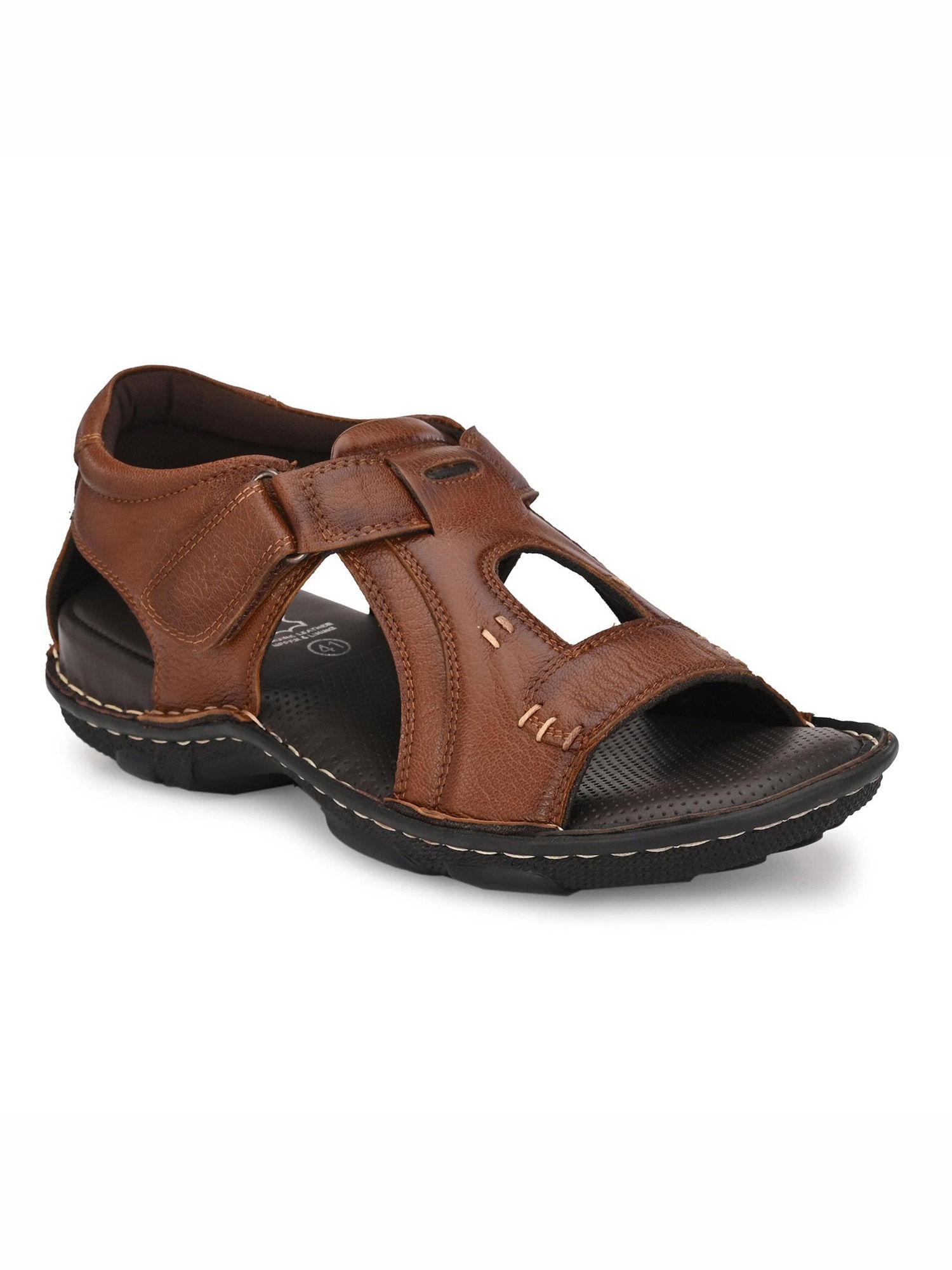 men's tan leather open toe comfort sandals with velcro closure