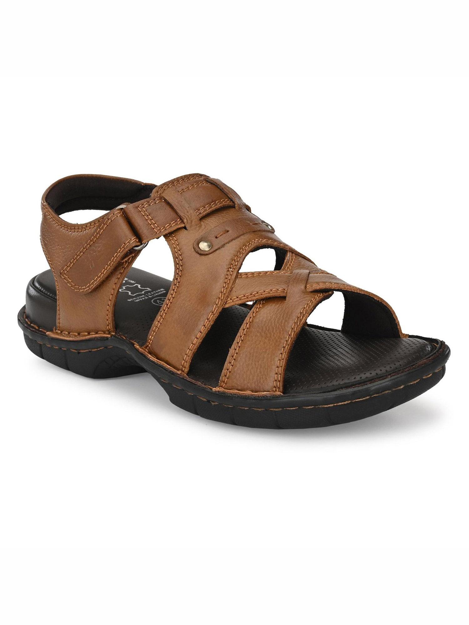 men's tan leather open toe sandals with velcro closure