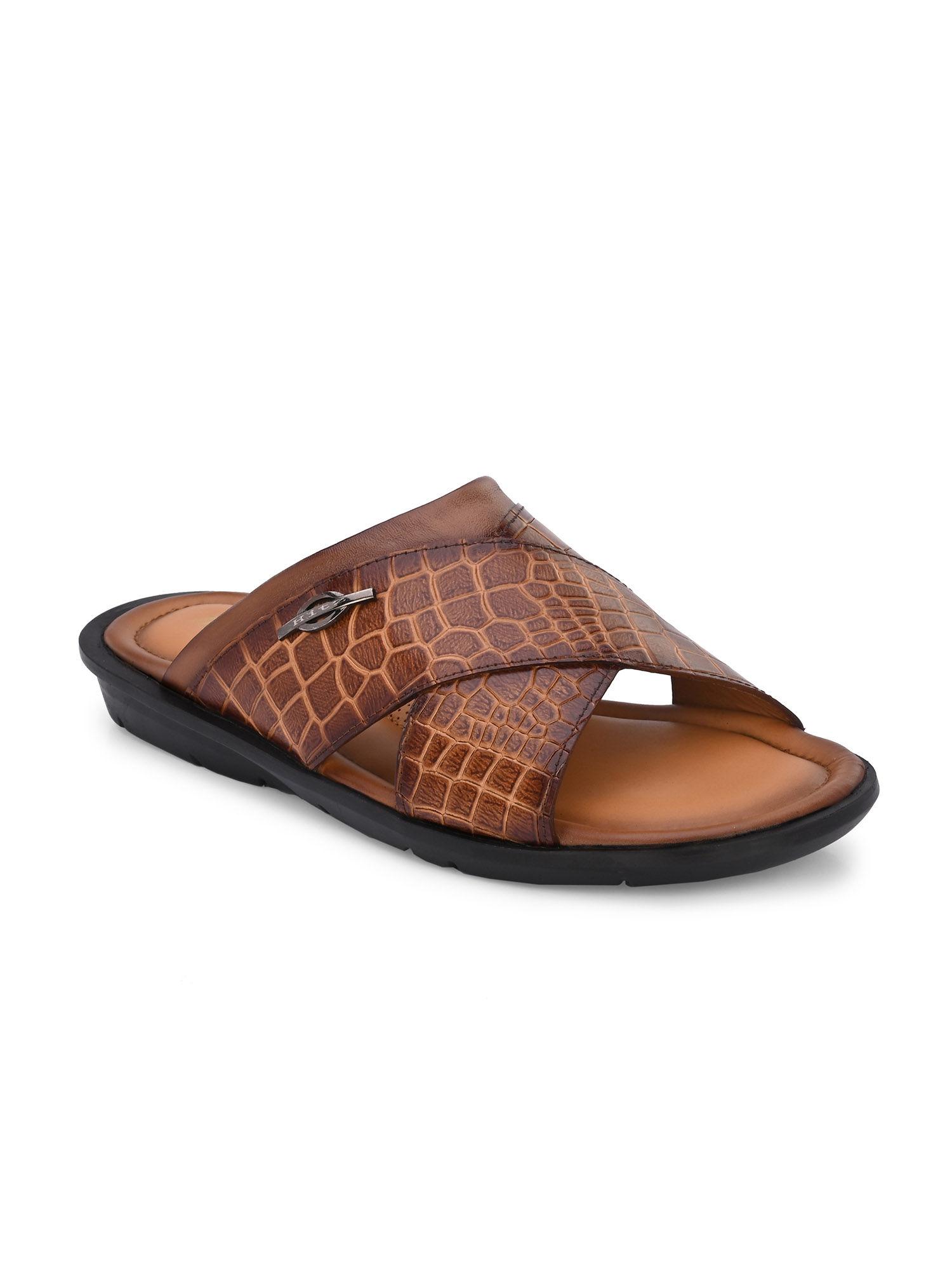 men's tan leather open toe slippers