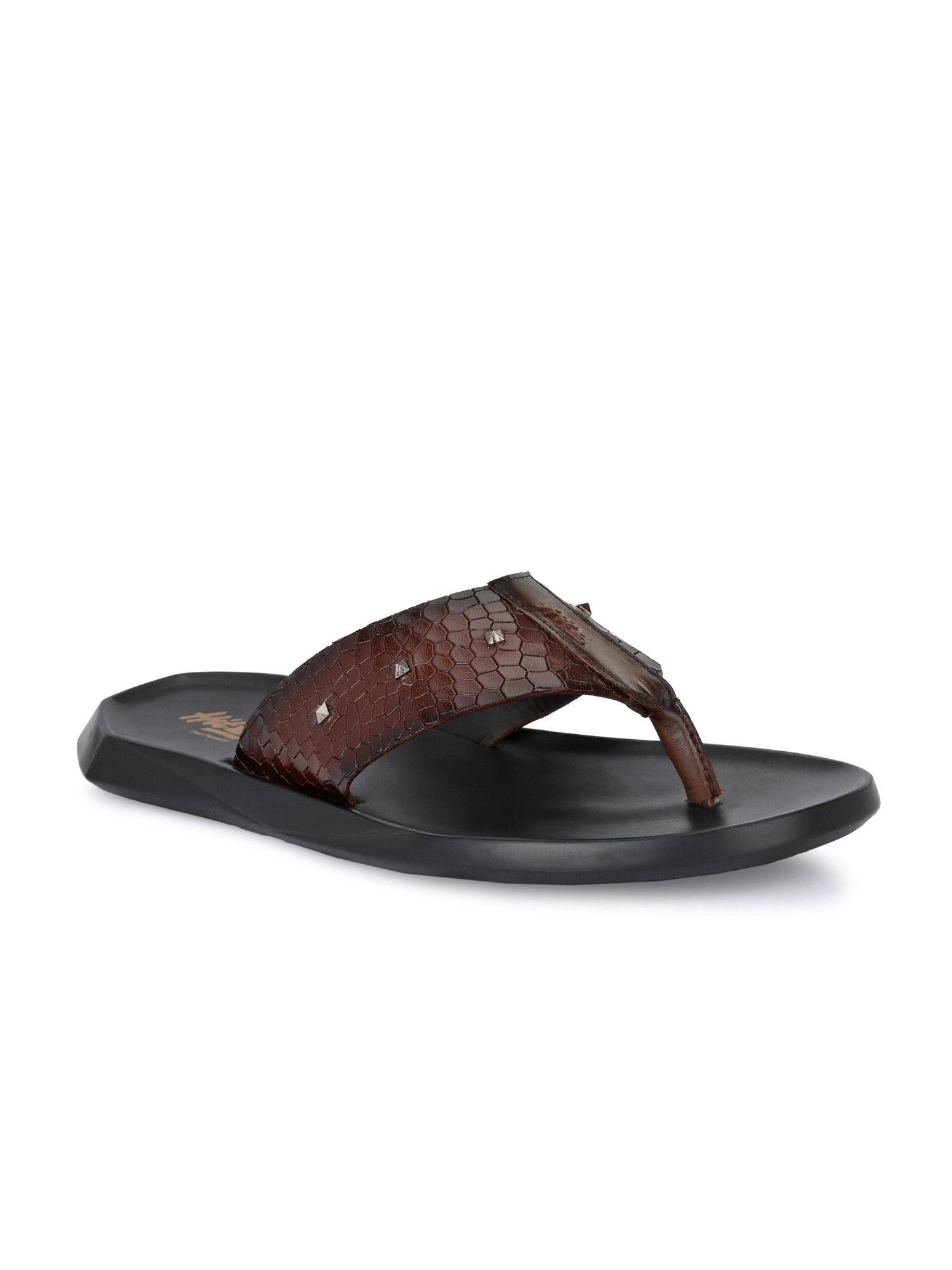 men's tan leather open toe slippers