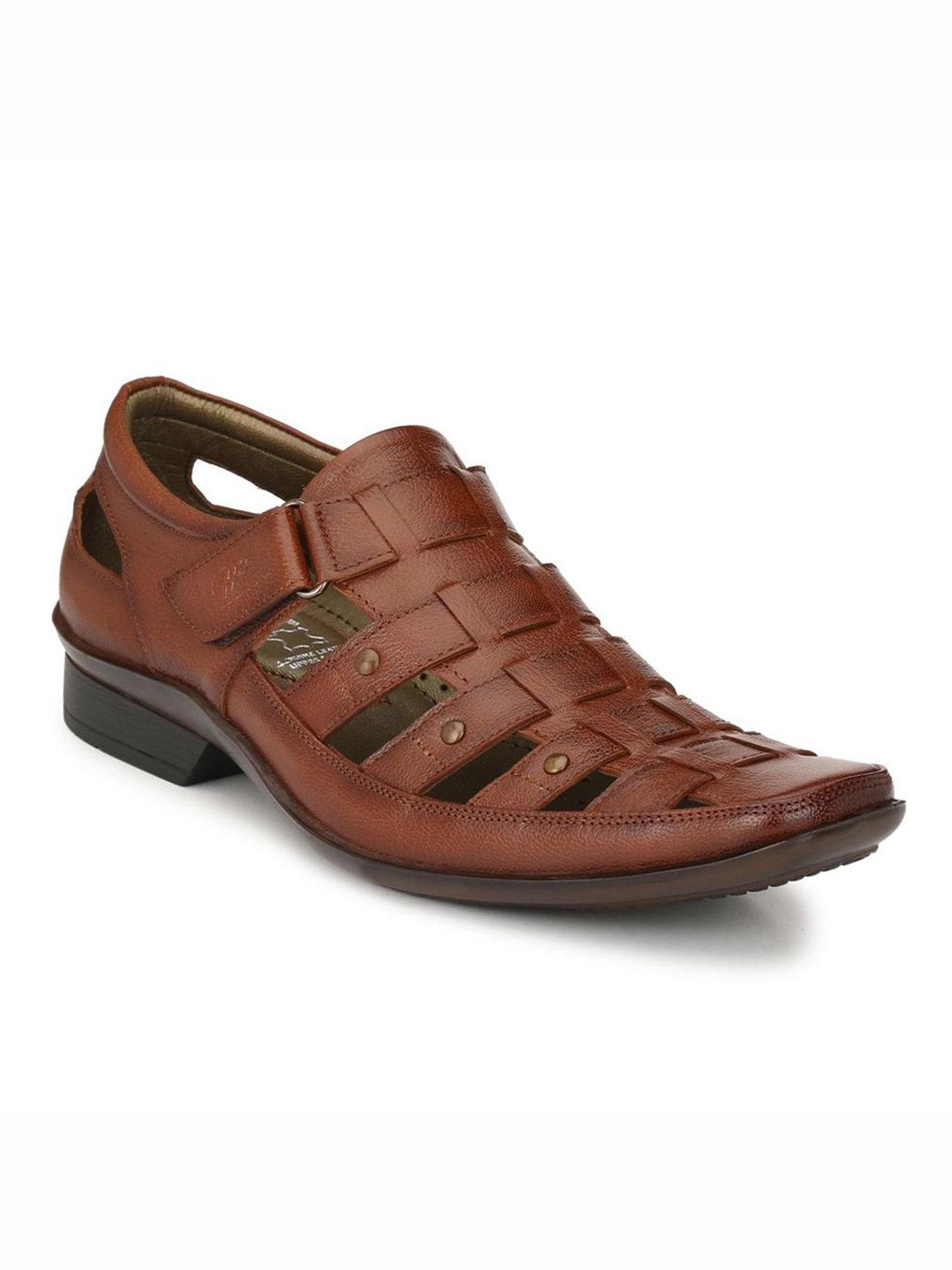 men's tan leather shoe-style sandals with velcro