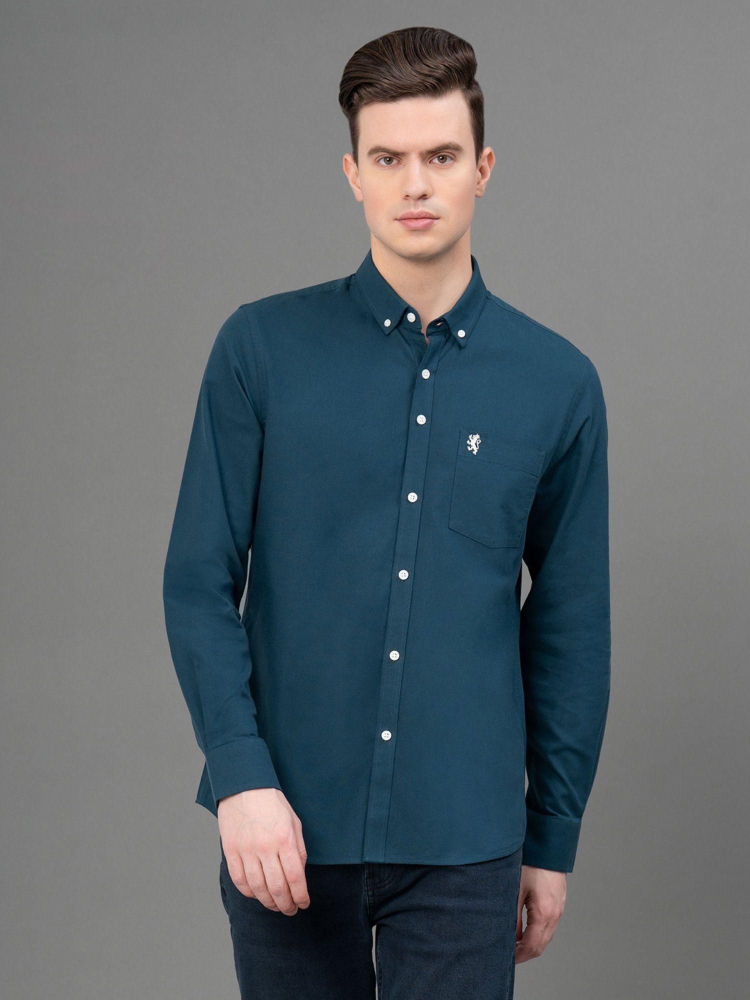 men's teal solid pure cotton oxford shirt