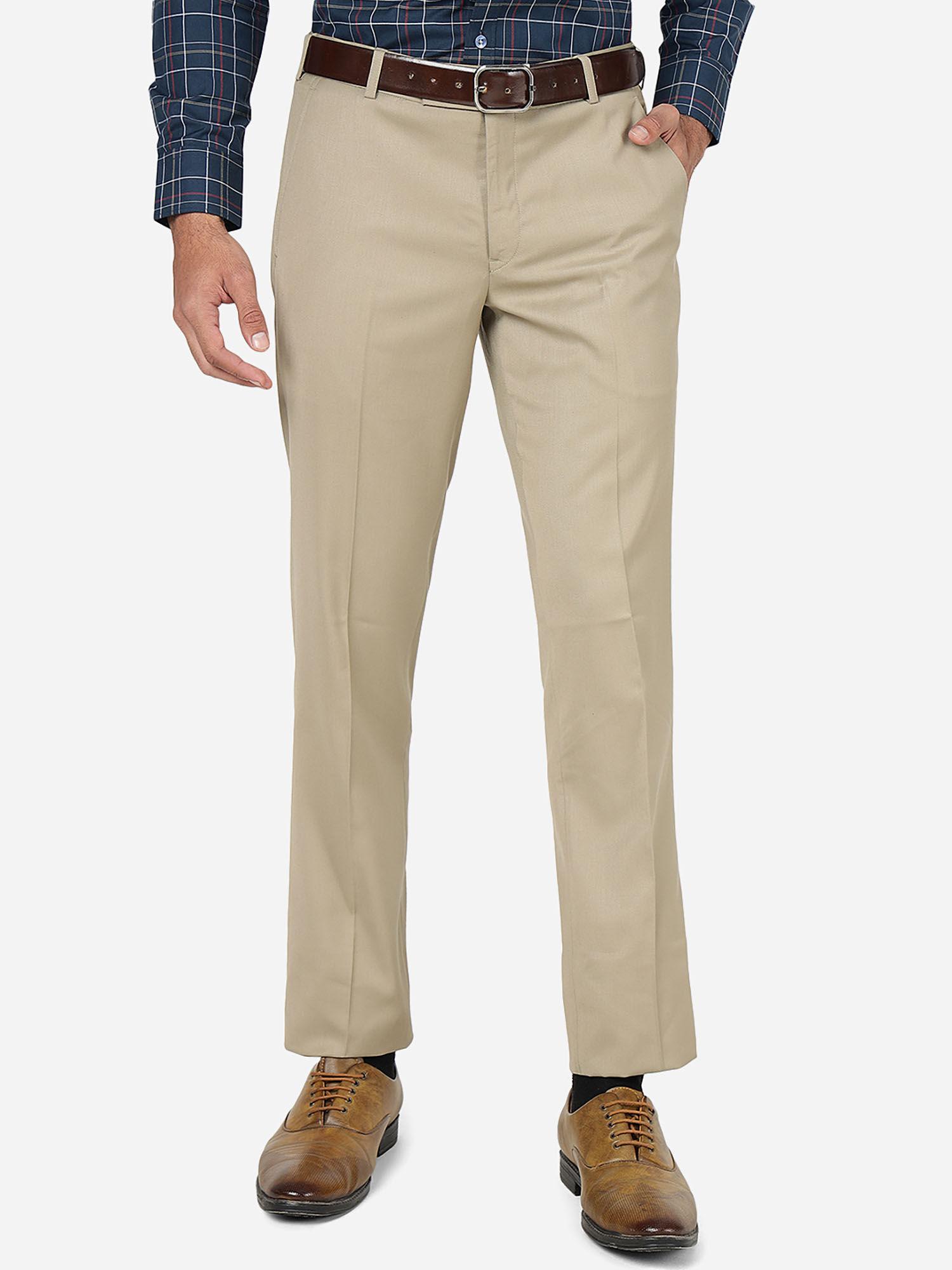 men's terry rayon solid beige slim fit formal trouser