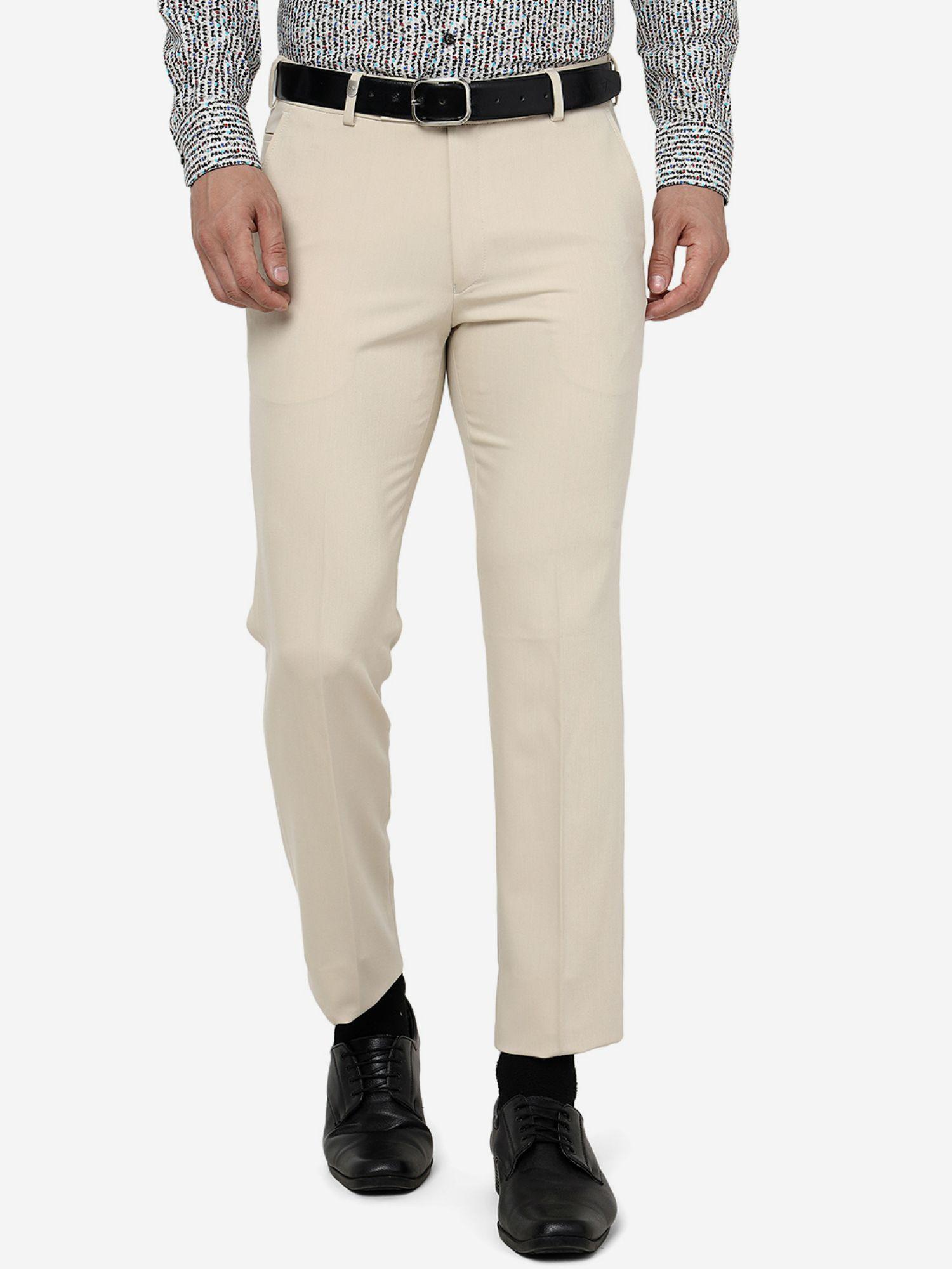 men's terry rayon solid beige slim fit formal trouser