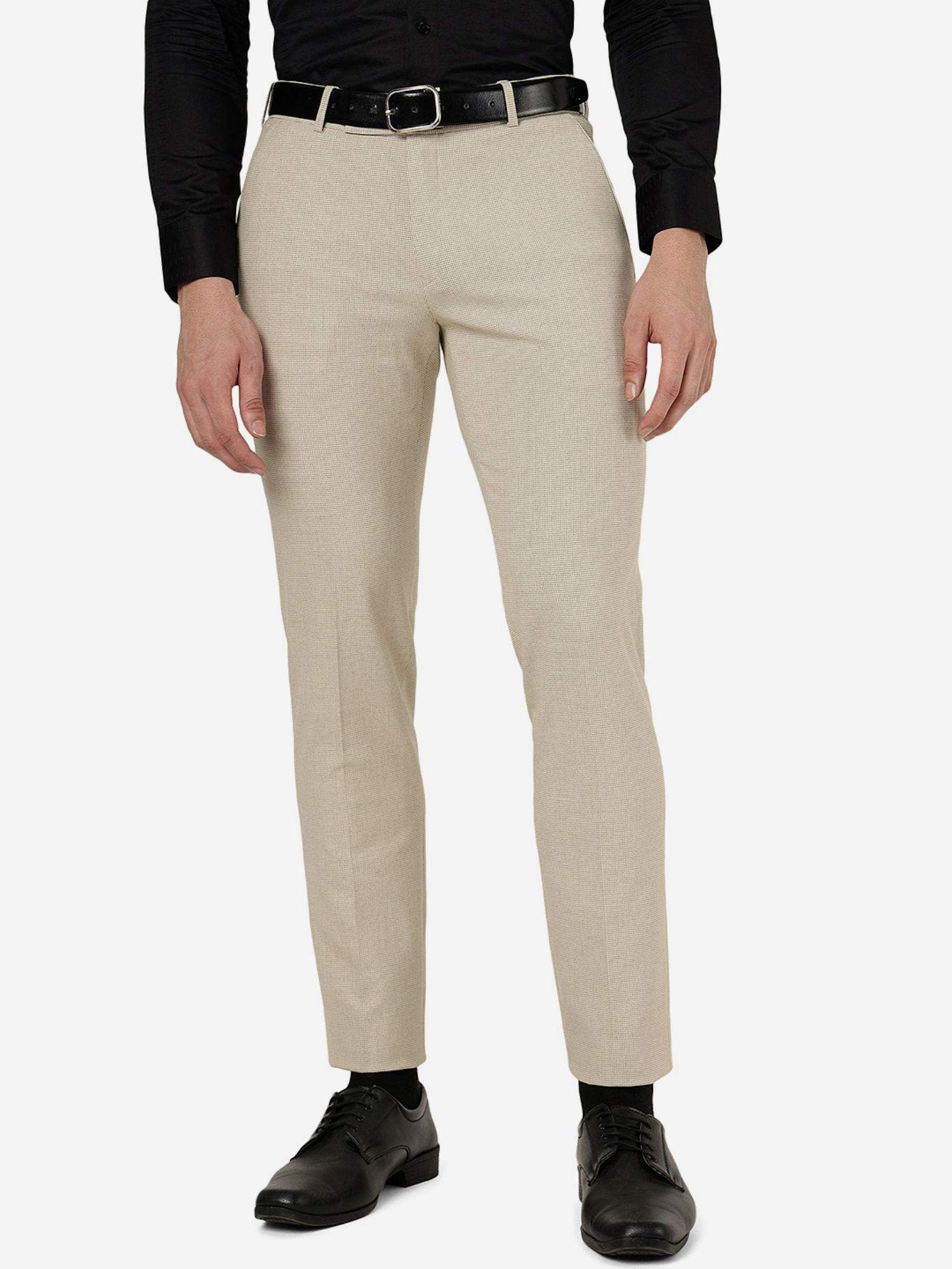 men's terry rayon solid beige super slim fit formal trouser