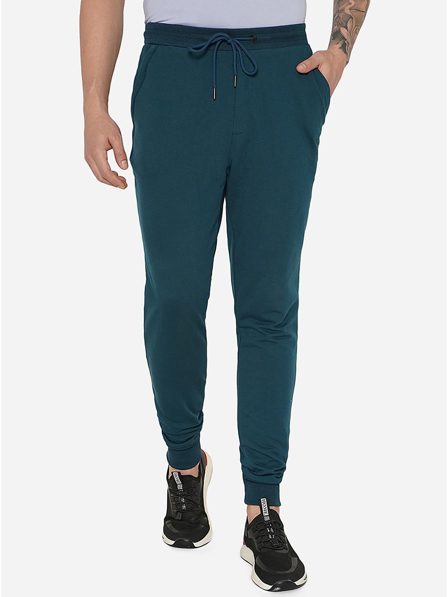 men's turquoise blue cotton blend slim fit solid track pant