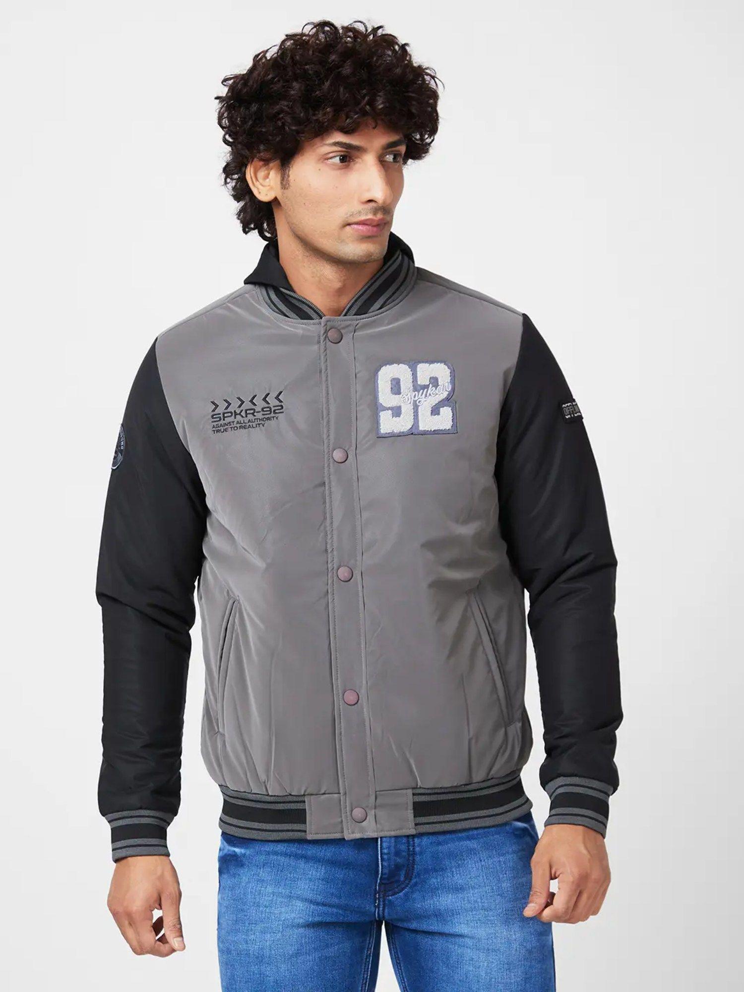 men's varsity jacket with towel embroidery badges & printed back details