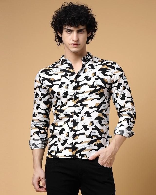men's white & black all over abstract printed slim fit shirt