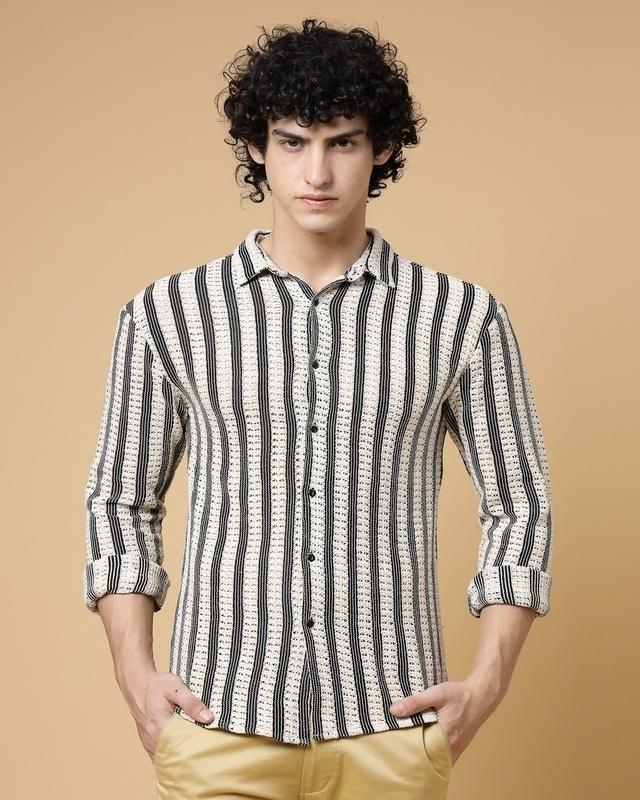 men's white & black striped crochet shirt