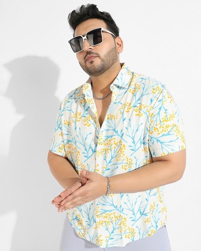 men's white & blue all over printed plus size shirt