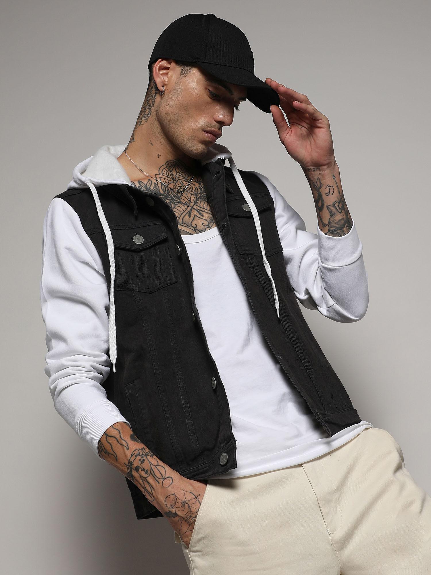 men's white & charcoal grey medium-wash denim jacket with sweatshirt