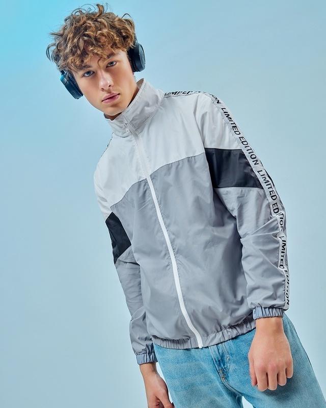 men's white & grey color block windcheater jacket