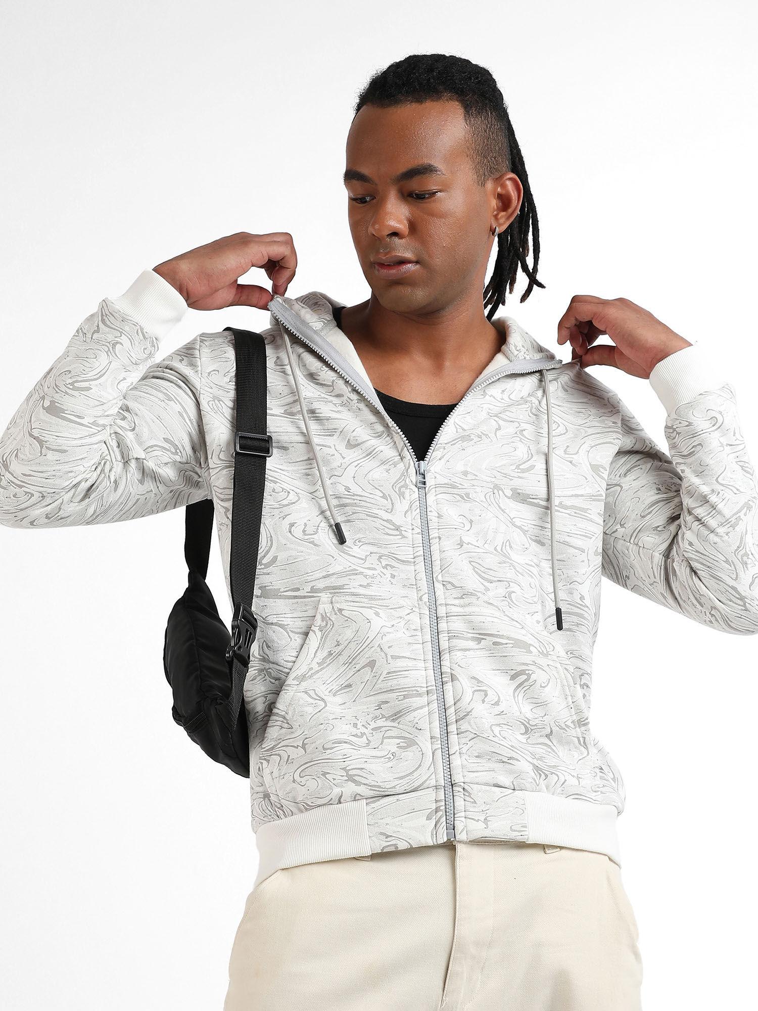 men's white & grey contrast fluid zip front hoodie