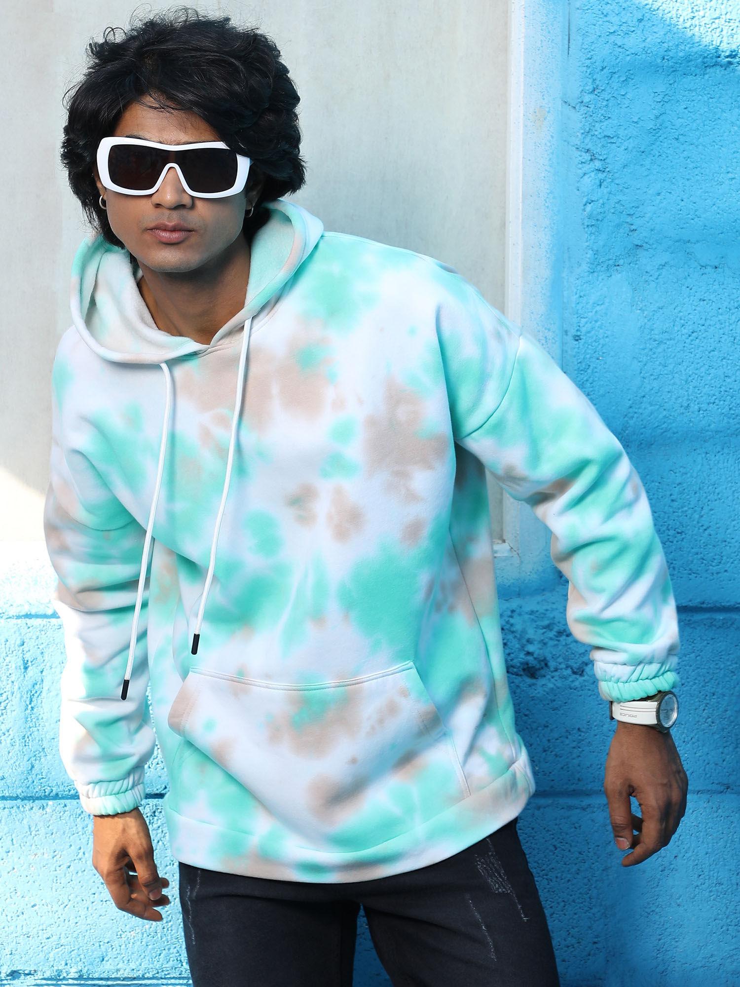 men's white & mint green tie-dye hoodie with kangaroo pocket