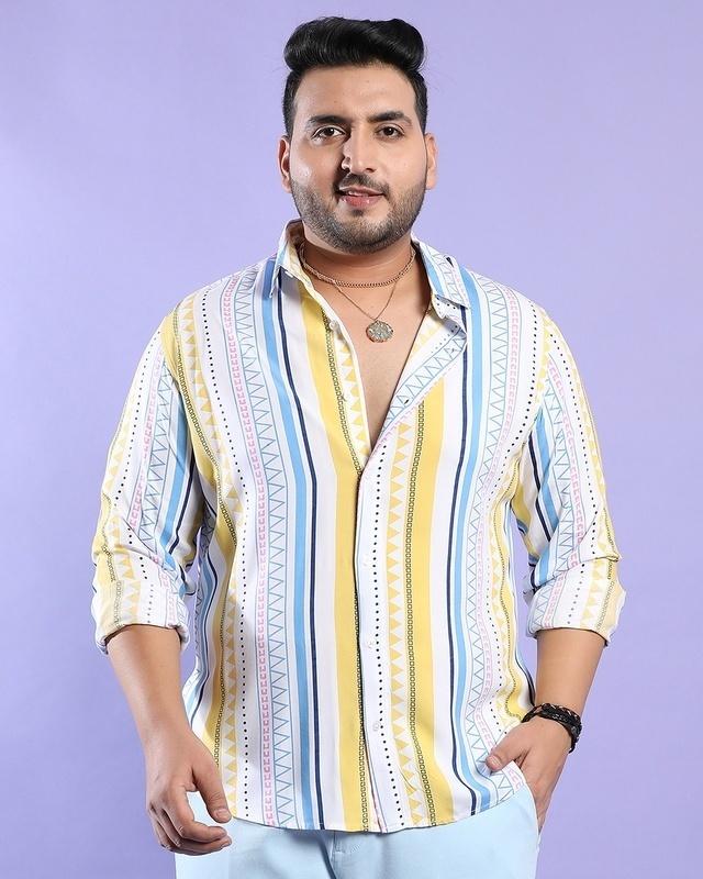 men's white & yellow geometric striped oversized plus size shirt