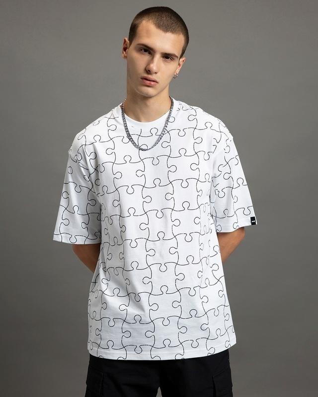 men's white all over printed oversized t-shirt