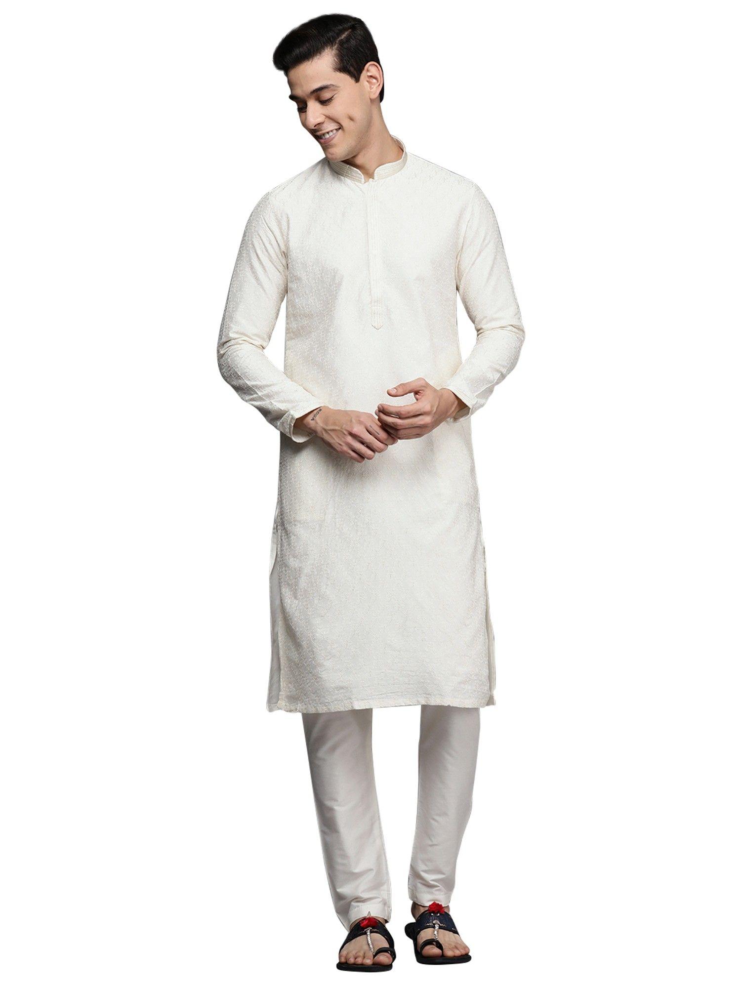 men's white blended viscose festive wear kurta with pencil pajama (set of 2)