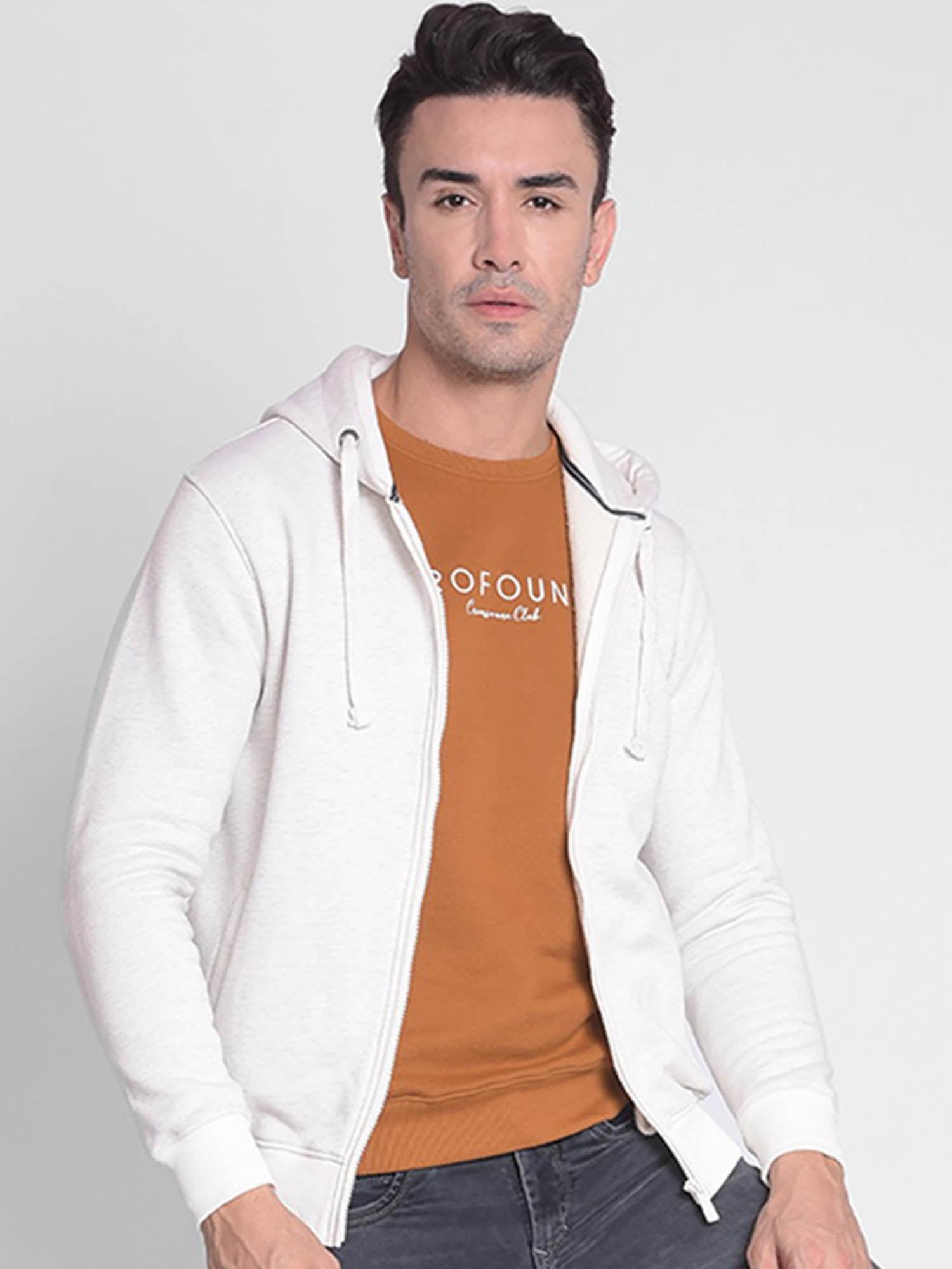 men's white hooded front-open sweat-shirt