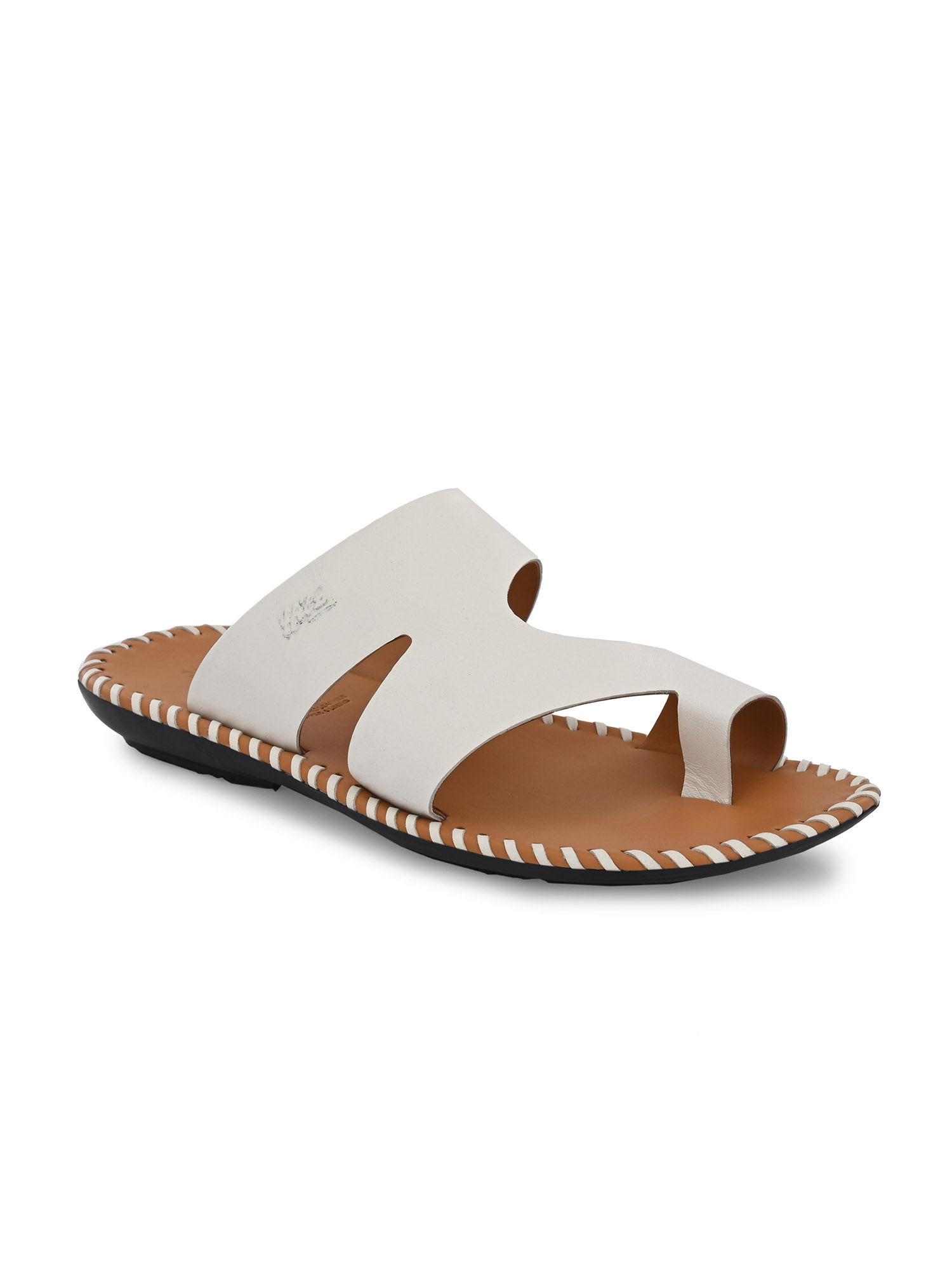 men's white leather casual toe-ring slippers