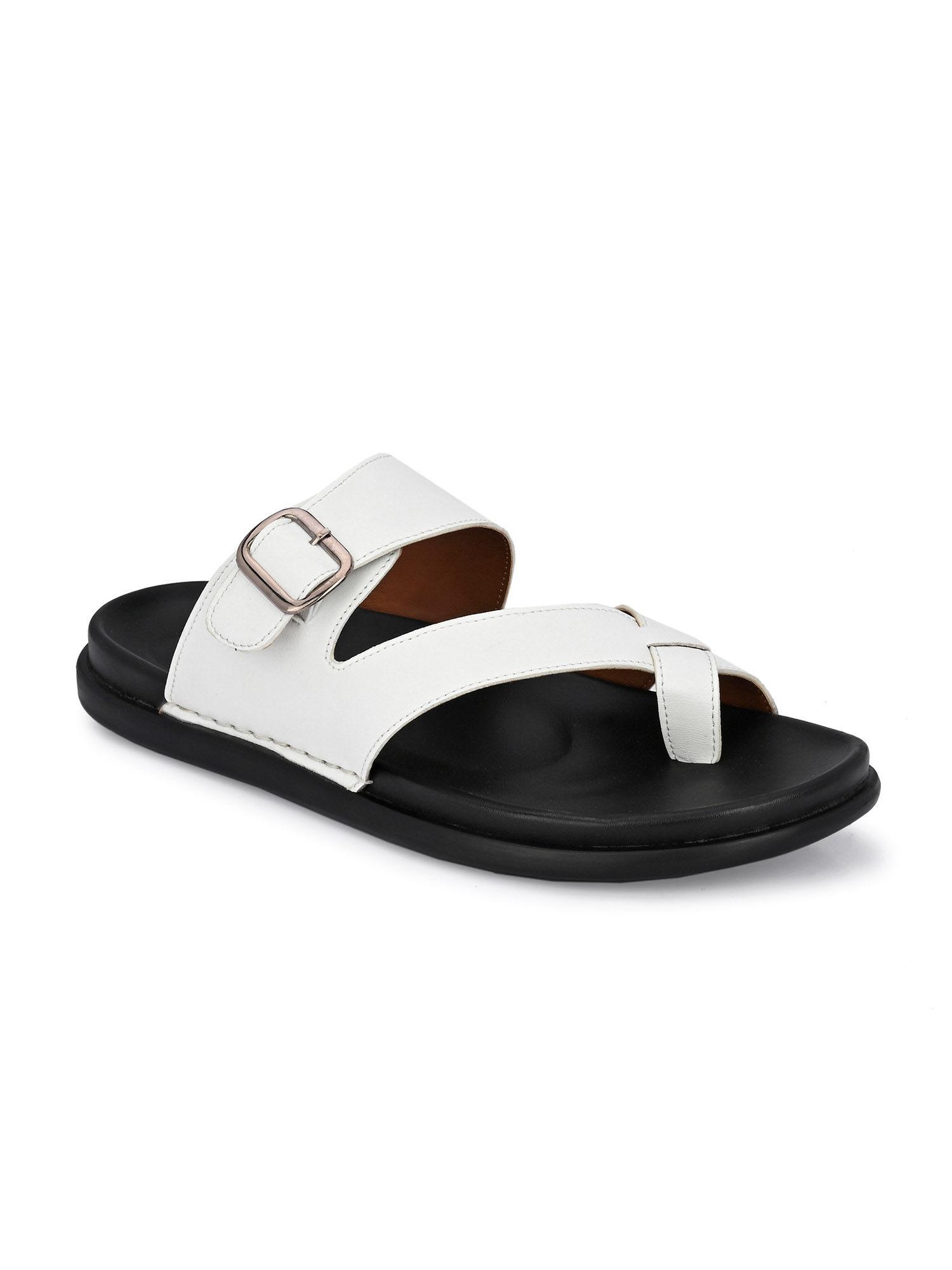 men's white leather toe-ring slippers