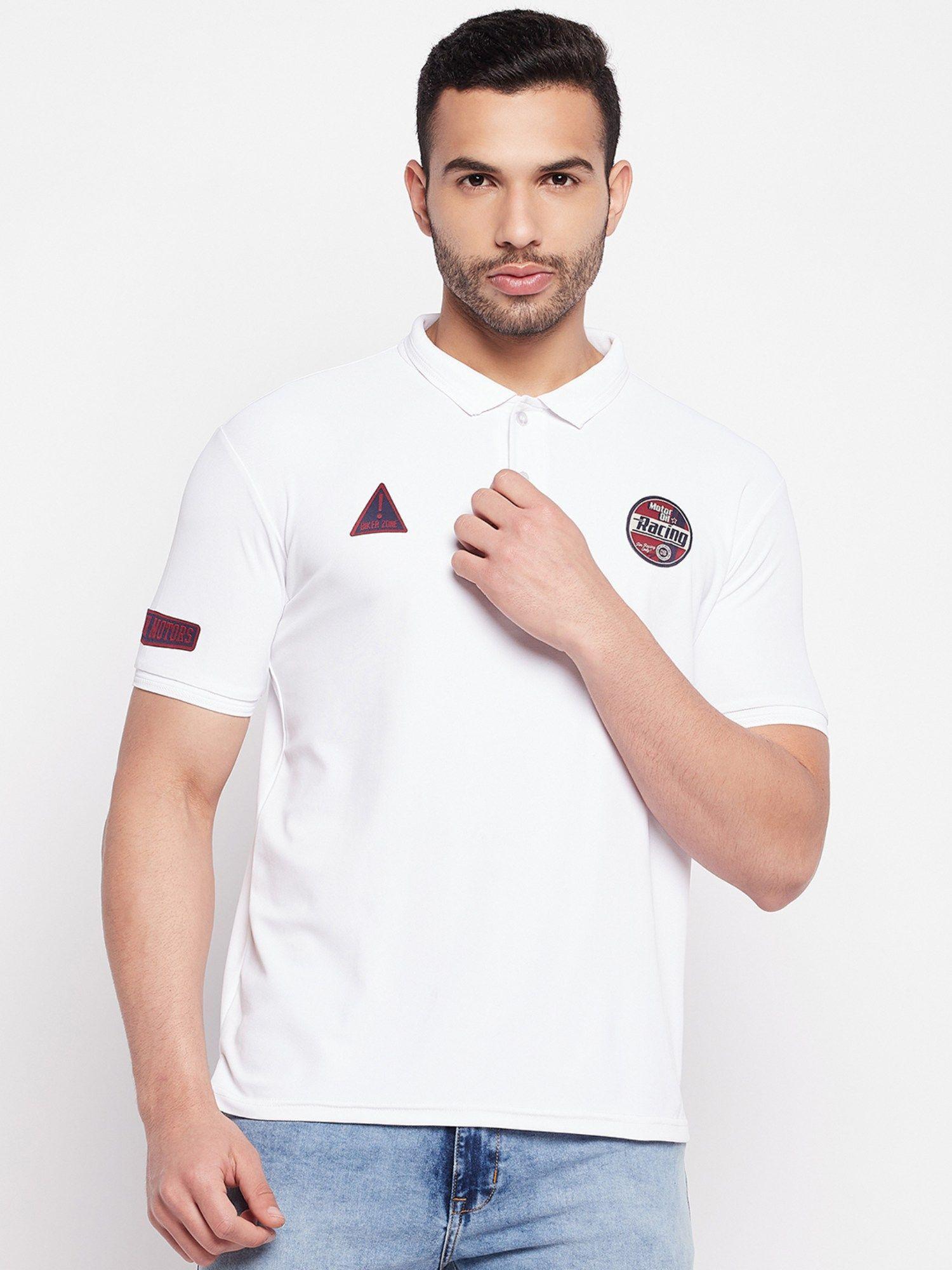 men's white printed polo neck t-shirt