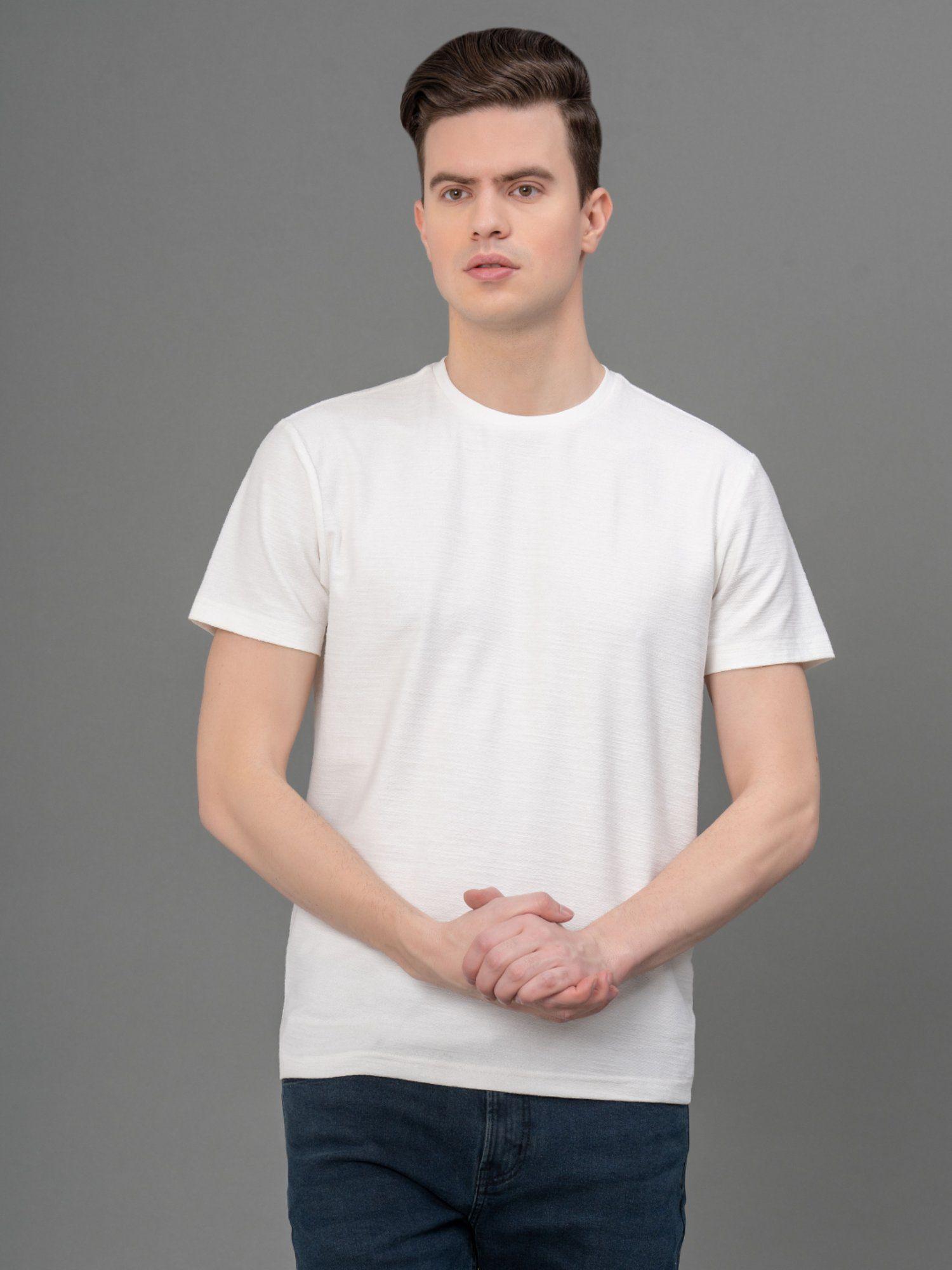 men's white self design cotton elastane structured crew neck t-shirt