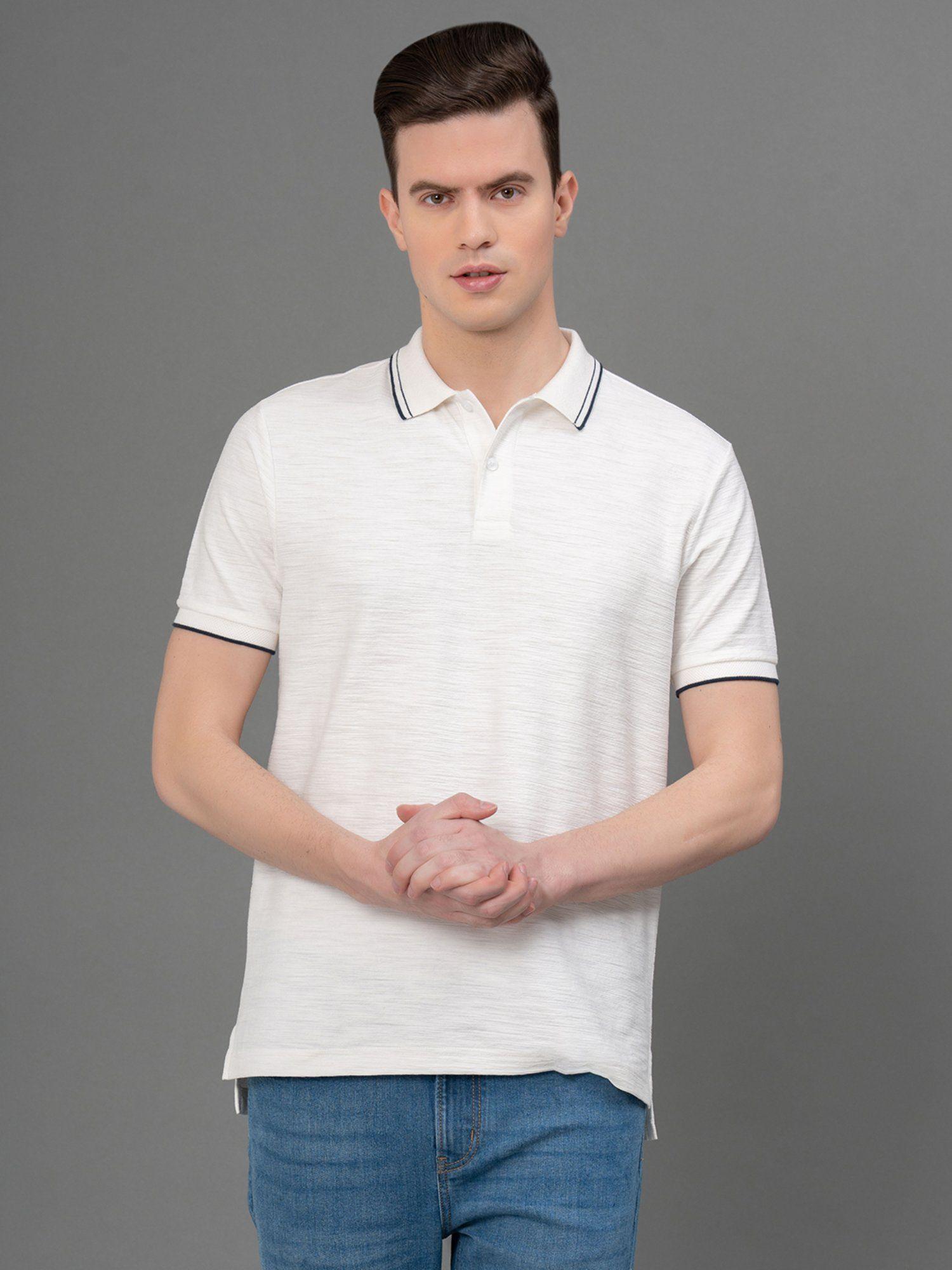 men's white self design pure cotton slub polo t-shirt