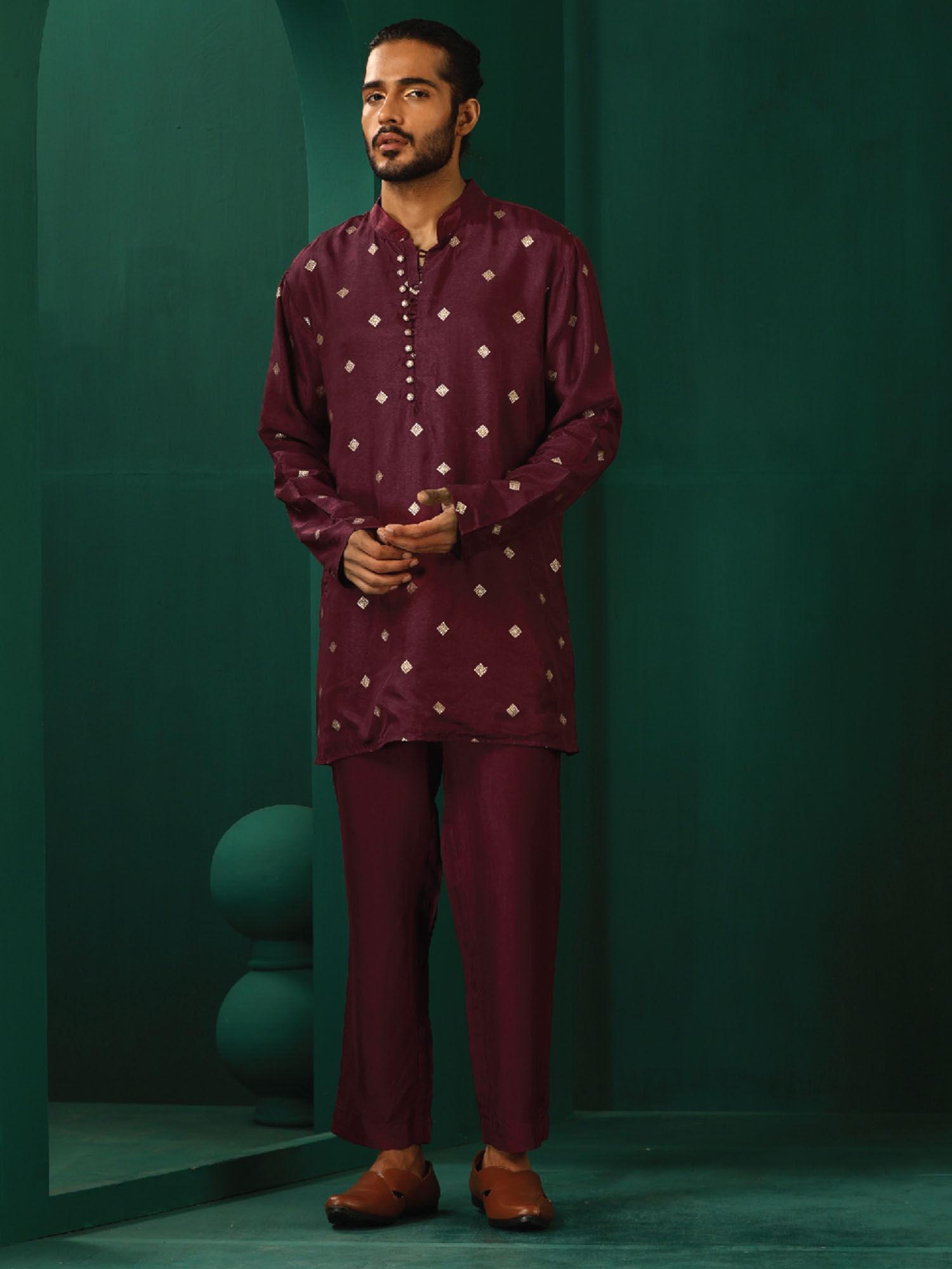 men's wine embroidered kurta with pant (set of 2)