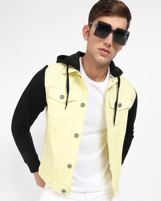 men's yellow & black color block hooded denim jacket