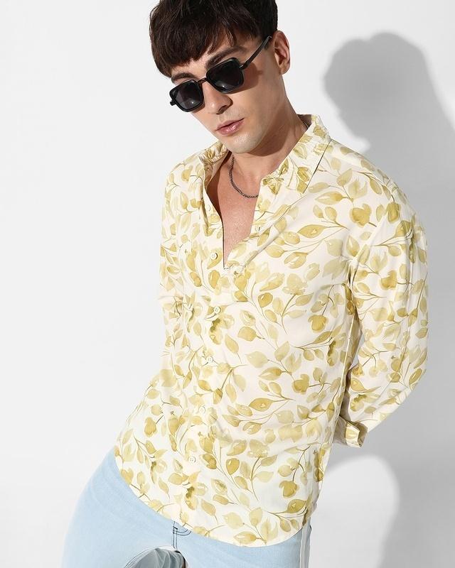 men's yellow all over leaf printed shirt