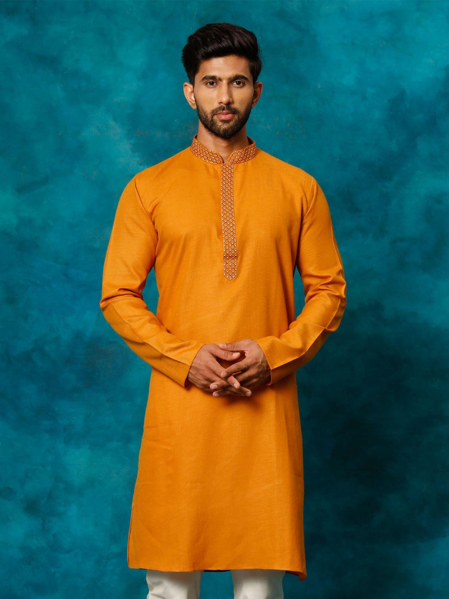 men's yellow cotton blend kurta