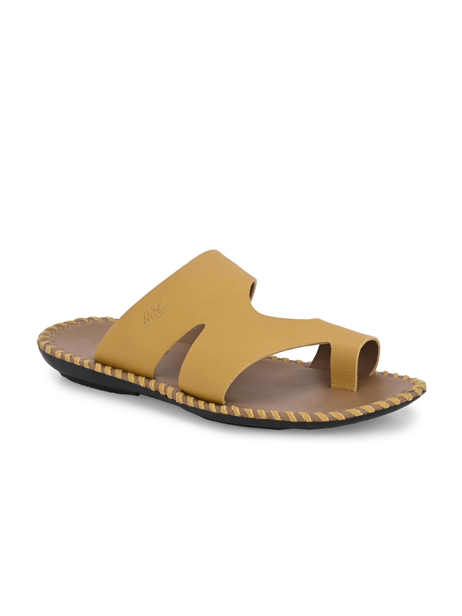 men's yellow leather casual toe-ring slippers