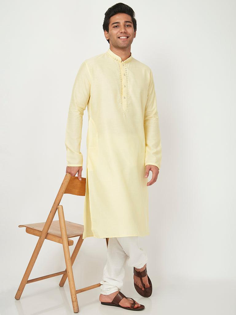 men's yellow polyester cotton embellished kurta churidar sets