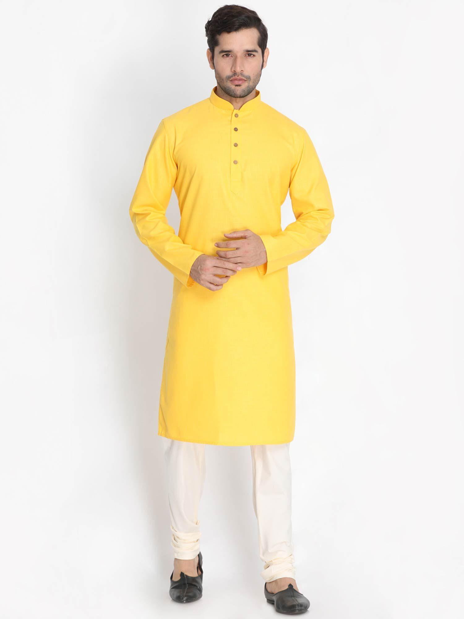 men's yellow silk blend kurta and pyjama (set of 2)